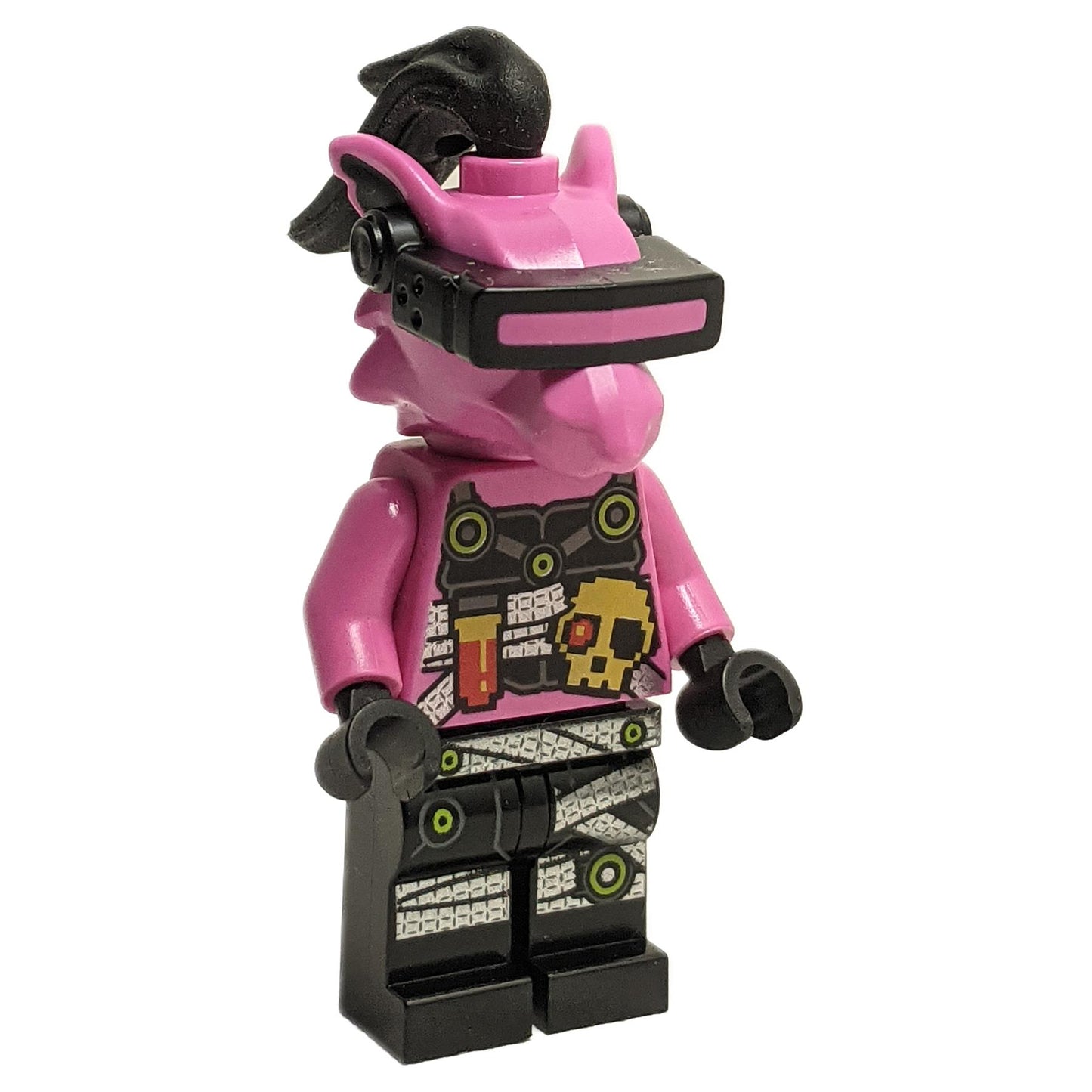 LEGO NINJAGO minifigure representing the character Richie with a cyber-enhanced pink and black design, including a VR headset and neon skull printing.