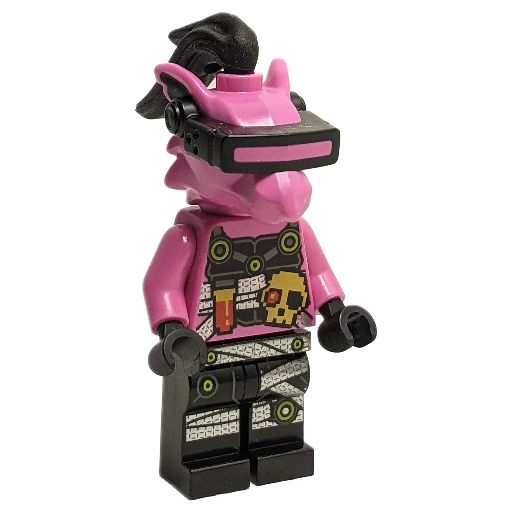 LEGO NINJAGO minifigure representing the character Richie with a cyber-enhanced pink and black design, including a VR headset and neon skull printing.