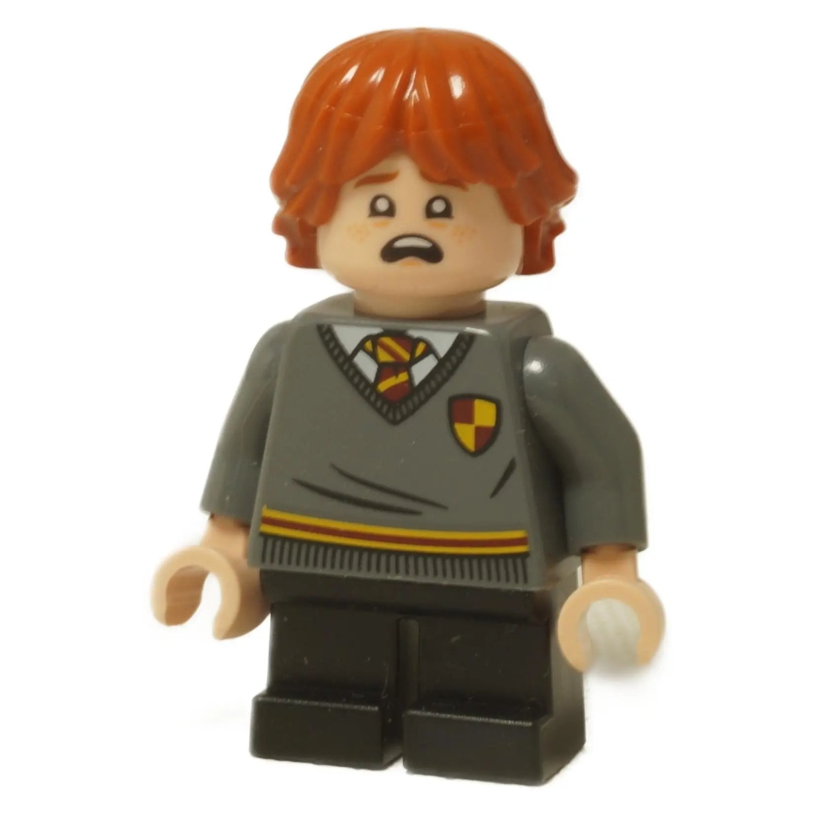 LEGO® Harry Potter Ron Weasley minifigurka (hp273) ve svetru Nebelvíru, ukazující jeho oboustrannou hlavu s usměvavým a vystrašeným výrazem.