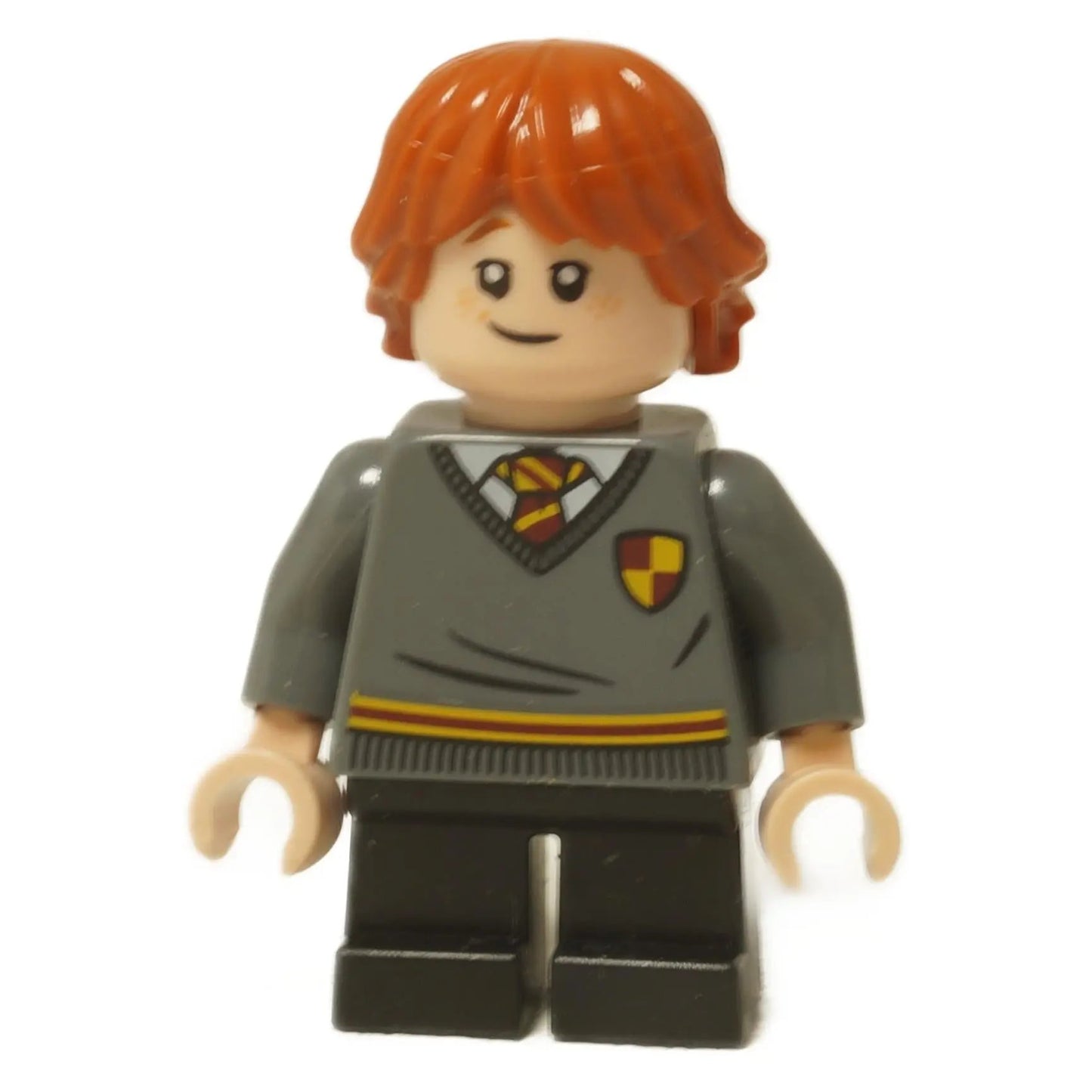 LEGO® Harry Potter Ron Weasley minifigurka (hp273) ve svetru Nebelvíru, ukazující jeho oboustrannou hlavu s usměvavým a vystrašeným výrazem na bílém pozadí.