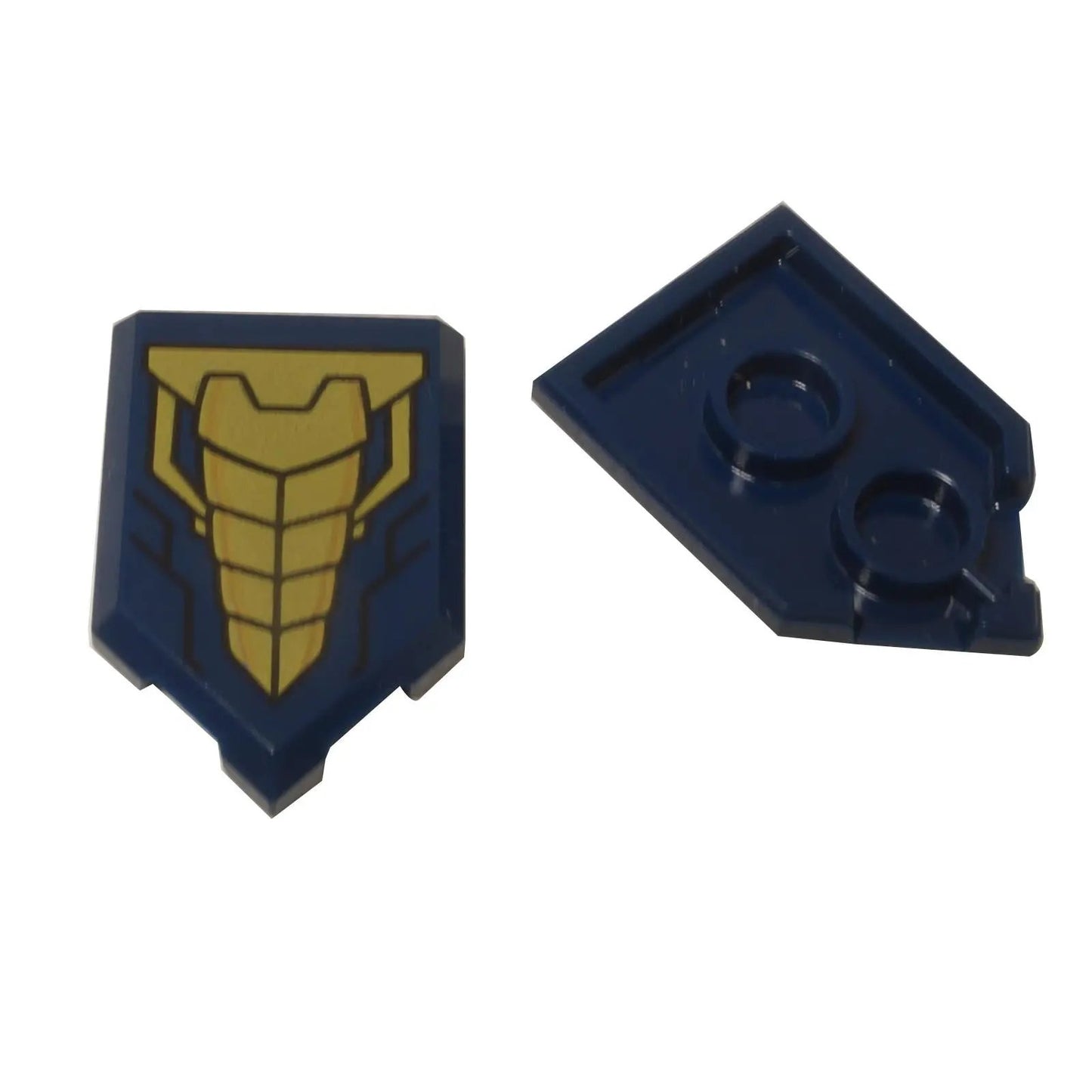 LEGO® sci-fi armor shield tile (22385pb183) with a segmented gold chest plate design on a dark blue pentagonal tile.