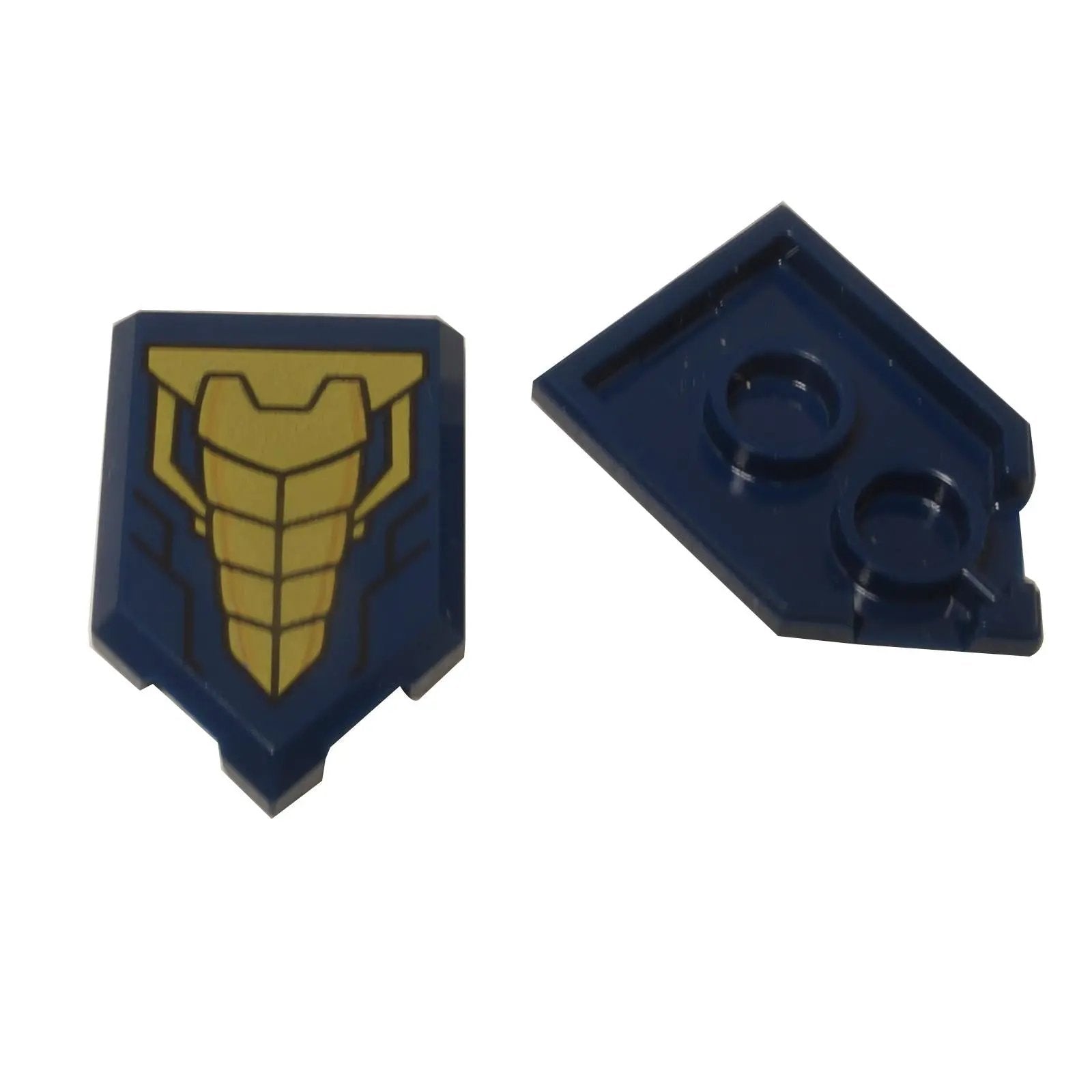 LEGO® sci-fi armor shield tile (22385pb183) with a segmented gold chest plate design on a dark blue pentagonal tile.