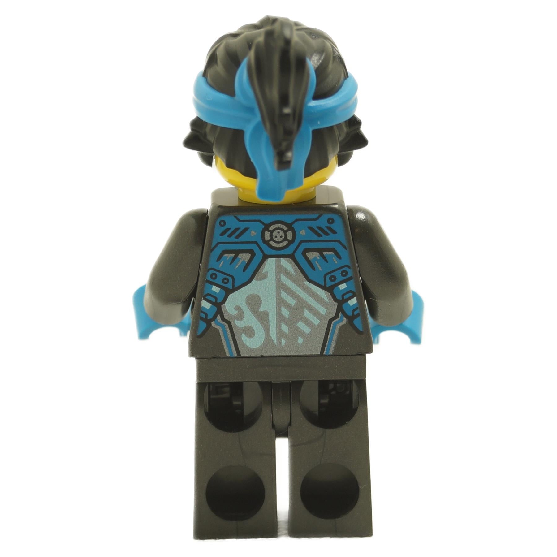Back view of LEGO® Nya minifigure njo0933 from NINJAGO Dragons Rising showing ponytail hair with blue headband and ninja outfit back printing
