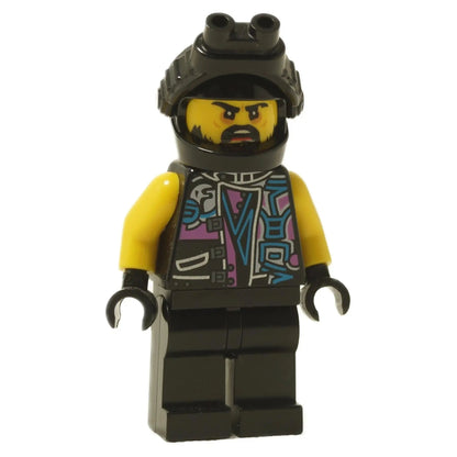 LEGO® Sons of Garmadon Biker minifigure (njo0414) with detailed purple, teal, and silver torso print and night vision helmet from NINJAGO®.