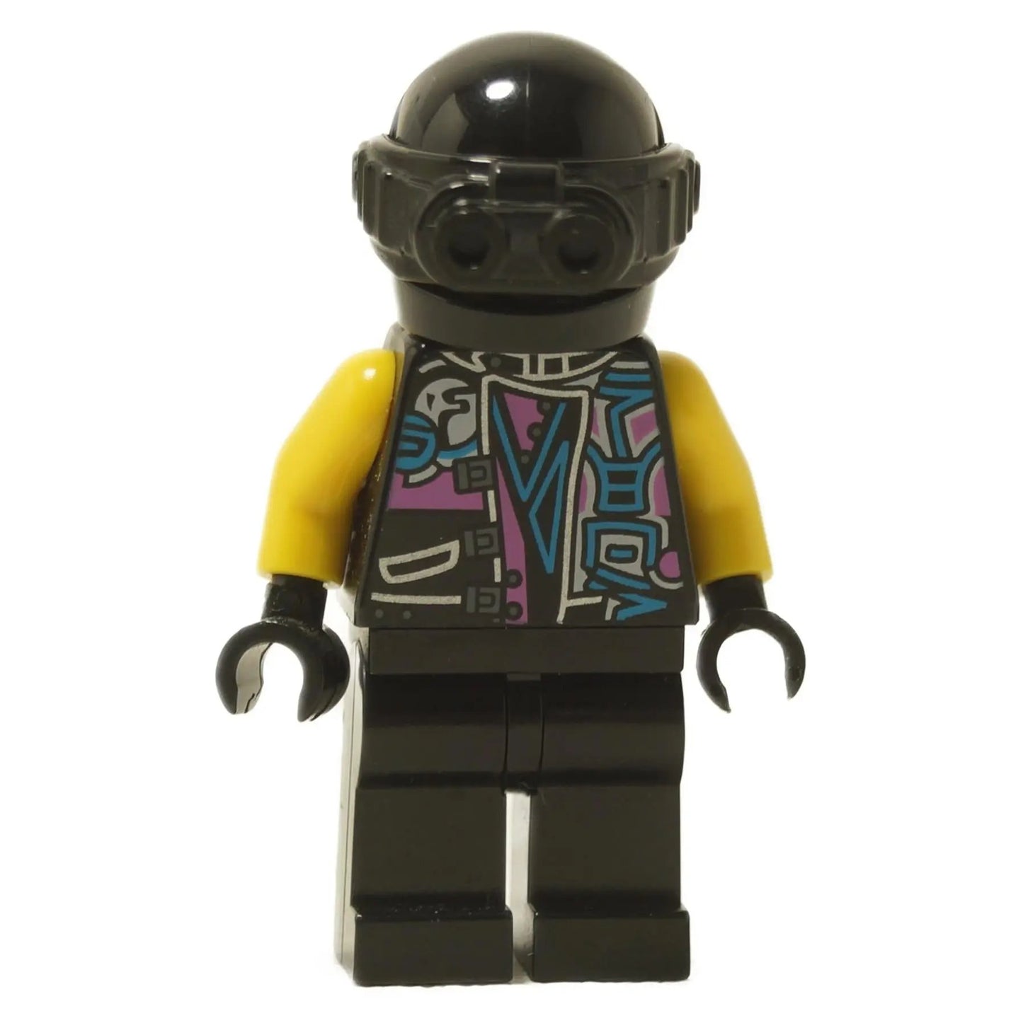 Front view of LEGO® Sons of Garmadon Biker (njo0414) wearing black helmet with goggles and colorful gang-style torso print from NINJAGO®.