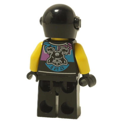 Back view of LEGO® Sons of Garmadon Biker minifigure (njo0414) showing gang emblem and back printing in purple, blue, and silver from NINJAGO®.