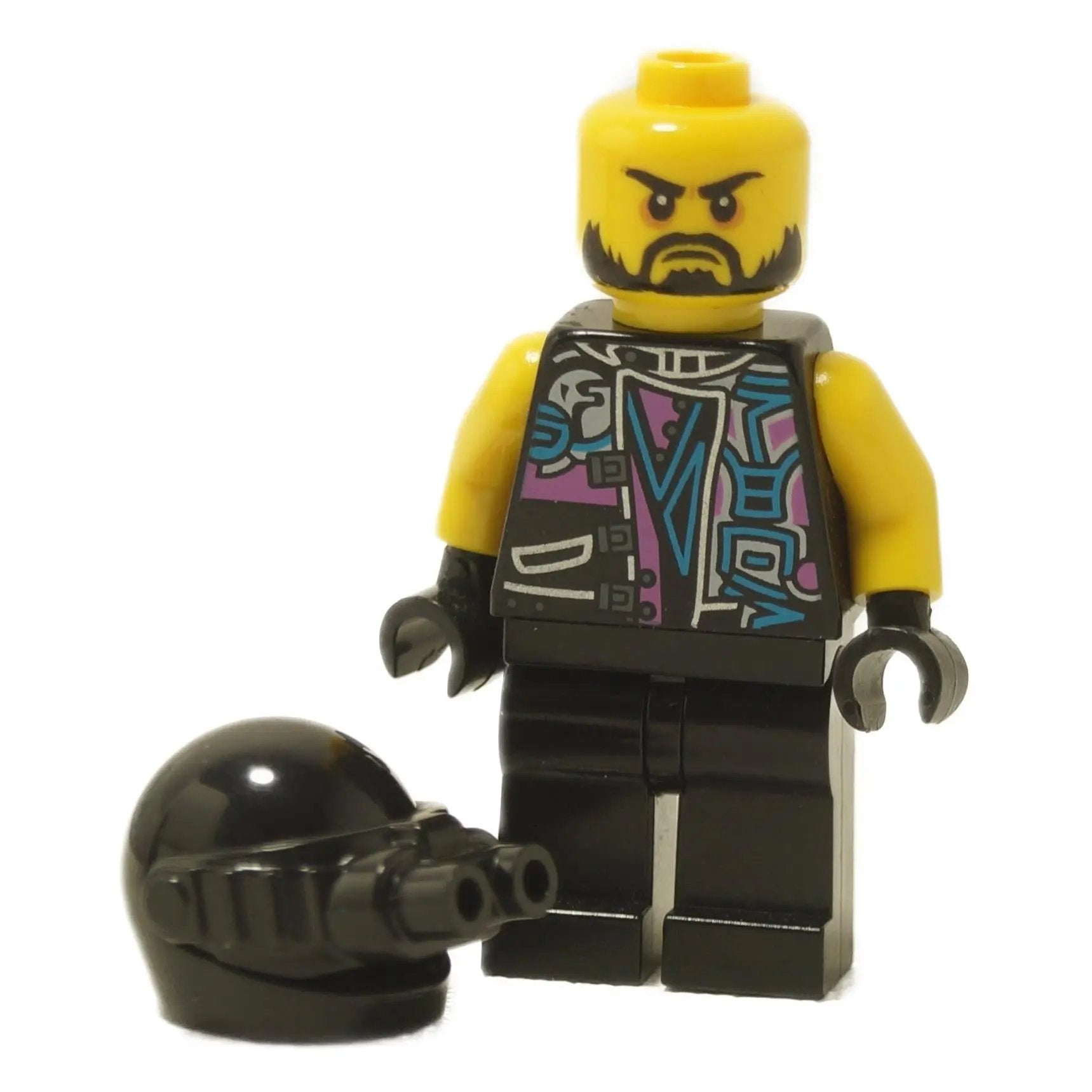 LEGO® Sons of Garmadon Biker (njo0414) with helmet removed, showing bearded face and vibrant torso detailing in purple, blue, and silver from NINJAGO®.