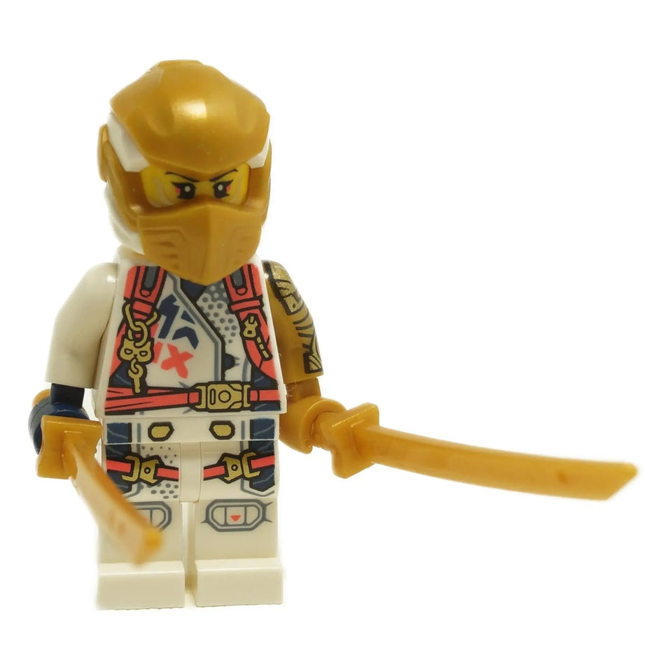LEGO® NINJAGO Sora minifigure (njo919) in white ninja armor with golden mask and dual golden katanas, from Dragons Rising Season 3