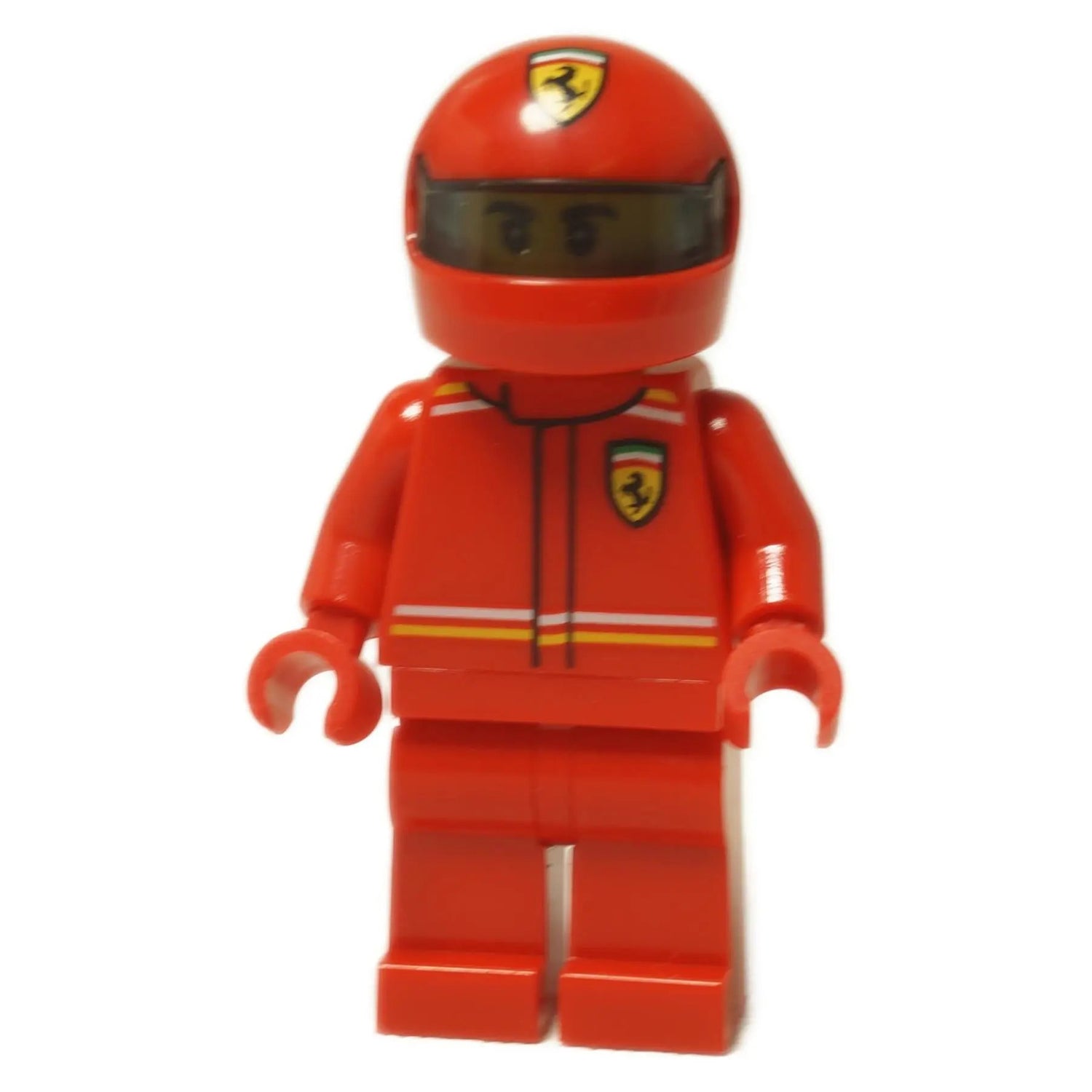 LEGO® Speed Champions Ferrari SF-24 F1 드라이버 미니피겨 (sc122) 빨간색 레이싱 수트, 헬멧을 착용한 모습.