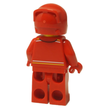 LEGO® Speed Champions Ferrari SF-24 F1 Driver minifigure (sc122) in red racing suit, shown with helmet. Back view.