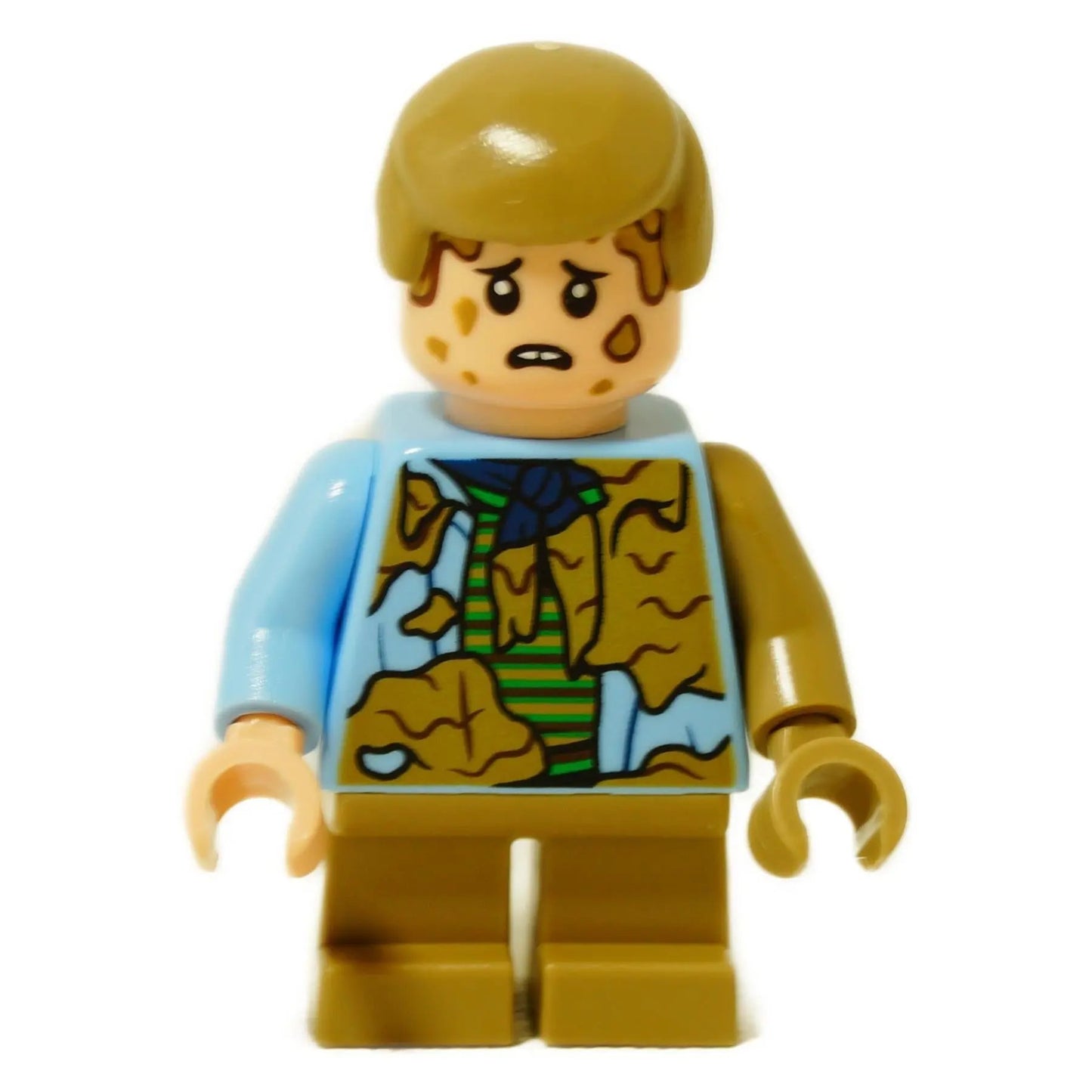 LEGO® minifigure Tim Murphy wearing a dirty blue shirt and tan legs, Jurassic Park character figure