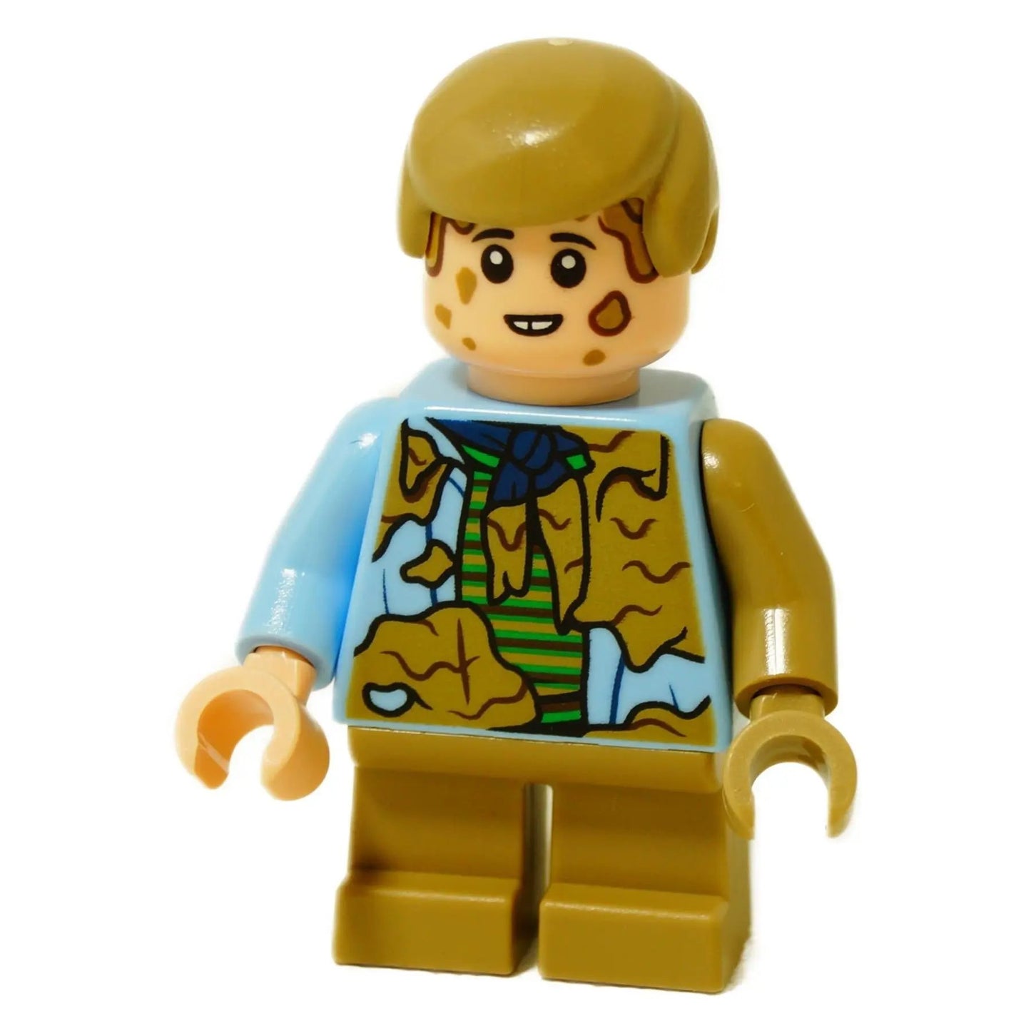 LEGO® minifigure Tim Murphy wearing a dirty blue shirt and tan legs, Jurassic Park character figure
