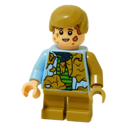 LEGO® minifigure Tim Murphy wearing a dirty blue shirt and tan legs, Jurassic Park character figure