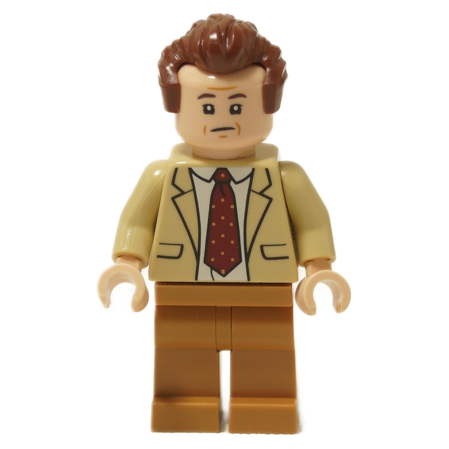 LEGO minifigure of Toby Flenderson from The Office, wearing a tan suit and maroon polka-dot tie.