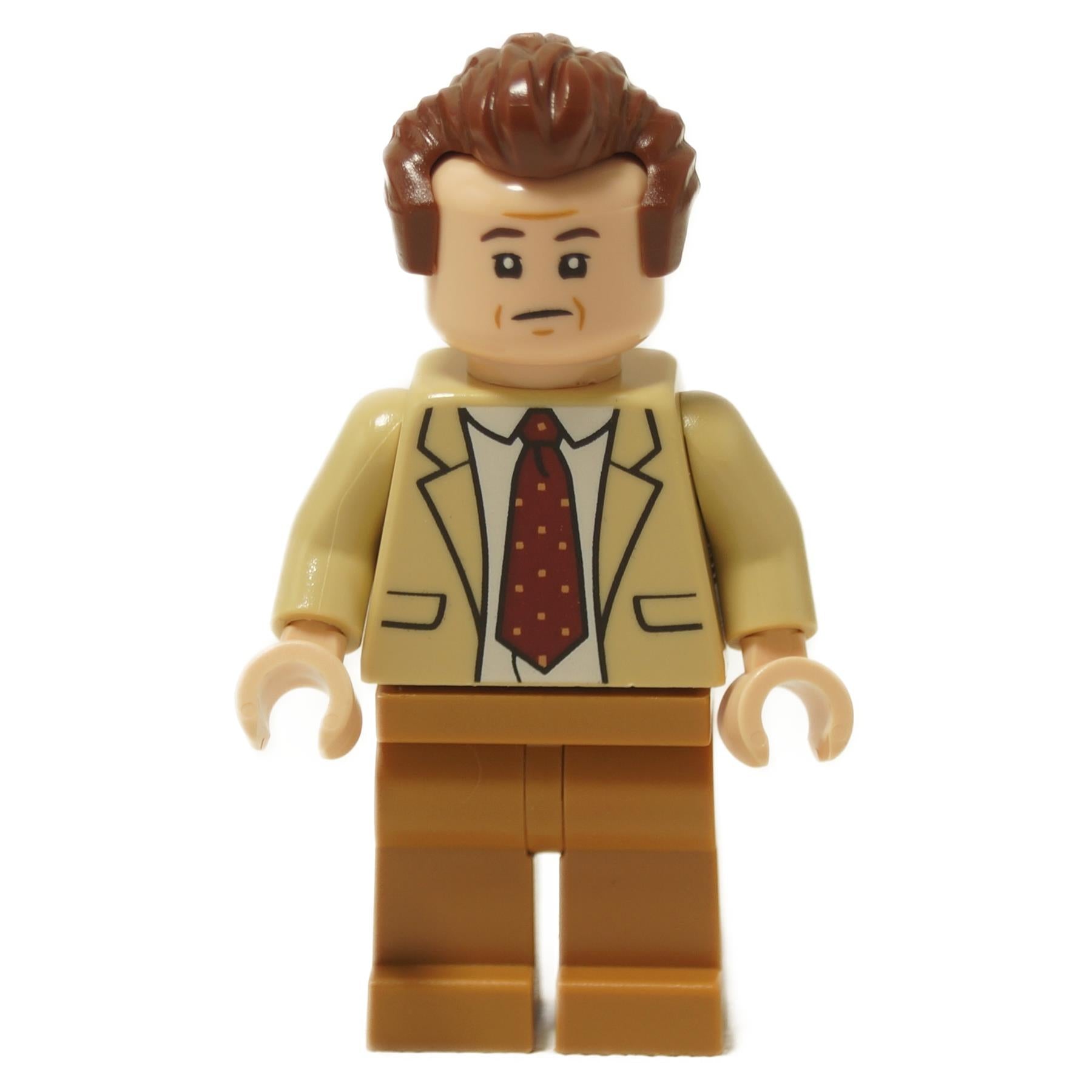 LEGO minifigure of Toby Flenderson from The Office, wearing a tan suit and maroon polka-dot tie.