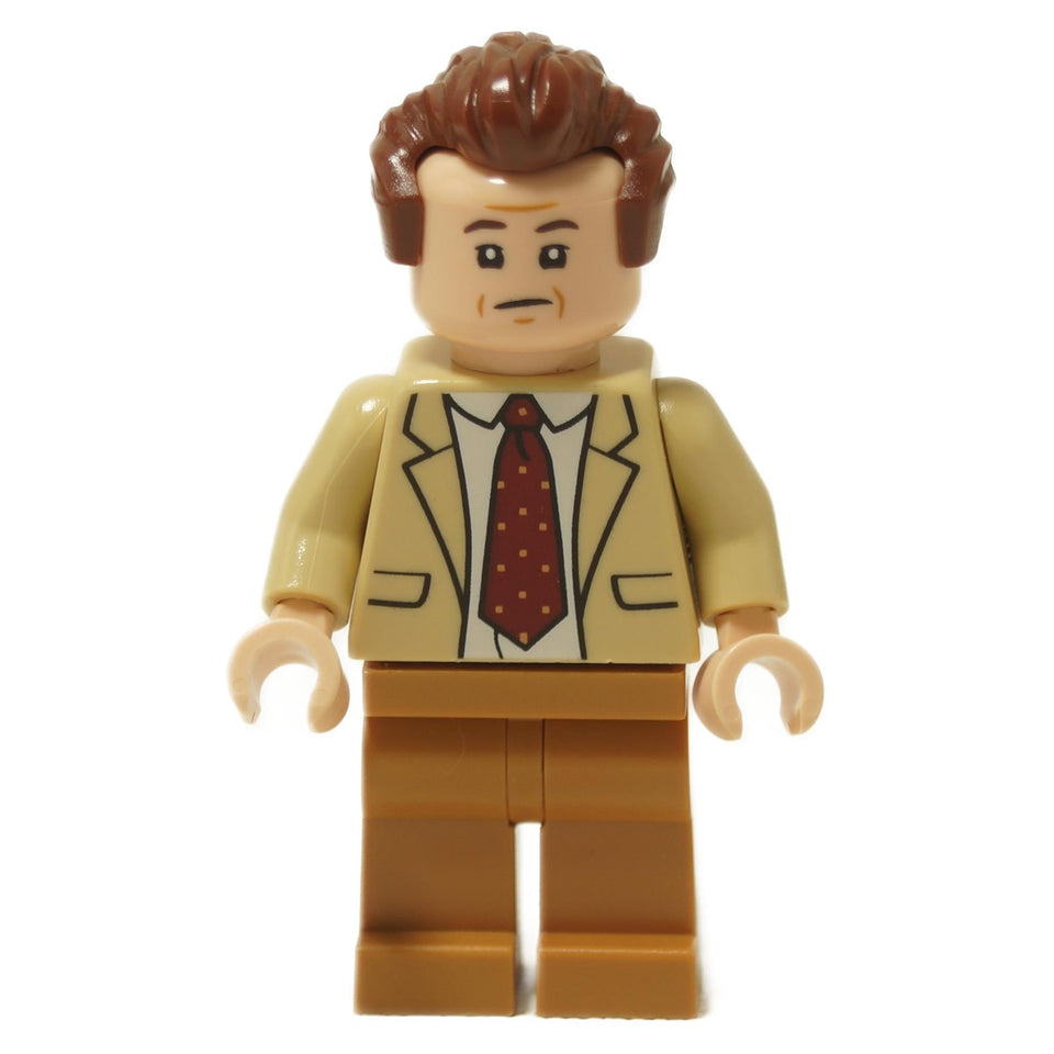 LEGO minifigure of Toby Flenderson from The Office, wearing a tan suit and maroon polka-dot tie.