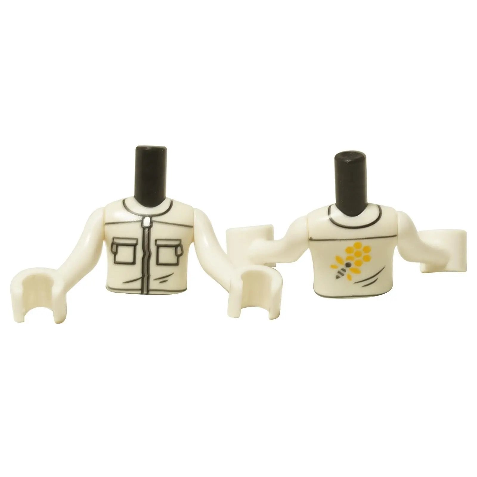 Front and back view of the LEGO mini doll torso FTBpb138c01, showing a white jacket over a shirt with a bee logo.

