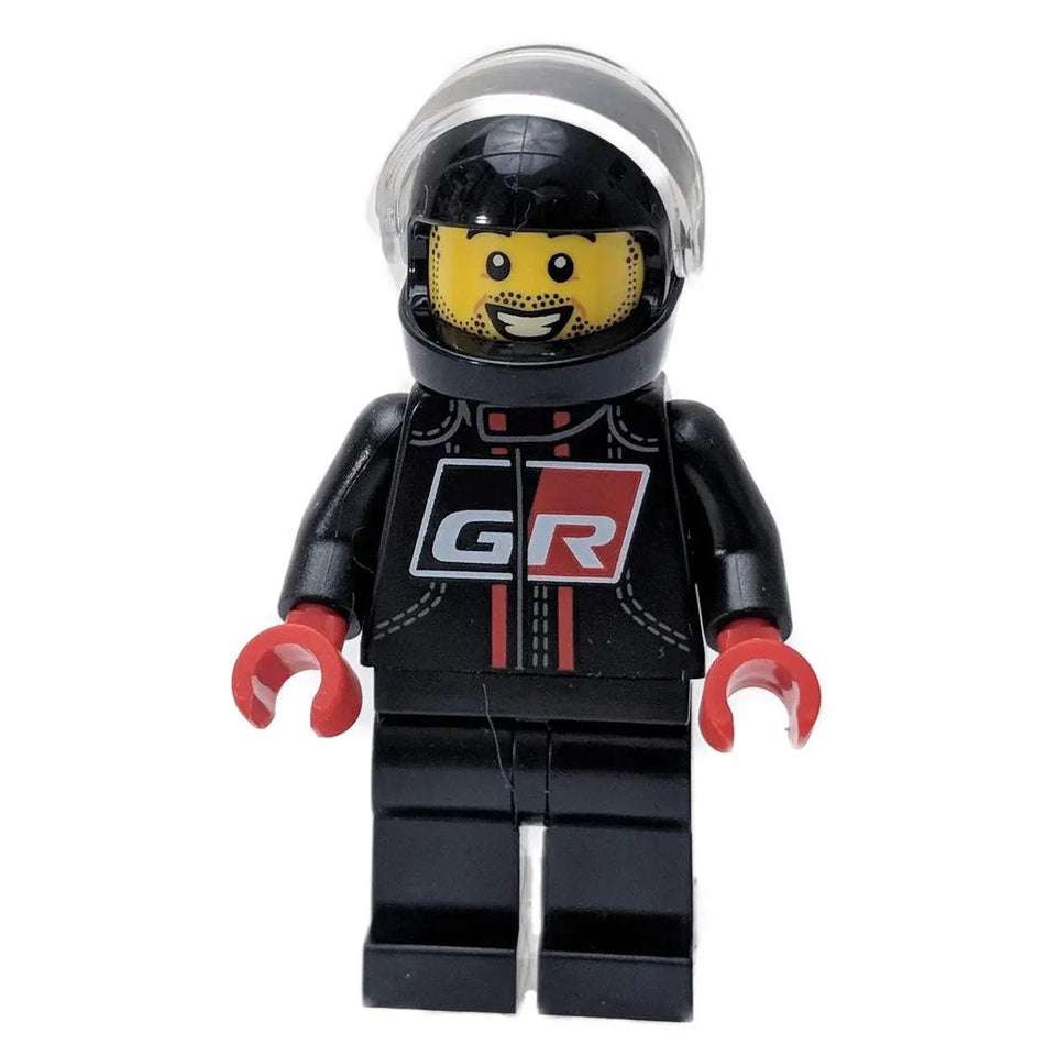 LEGO® Speed Champions Toyota GR Supra race driver minifigure (sc087) wearing a black Gazoo Racing (GR) suit with red hands and a black helmet.