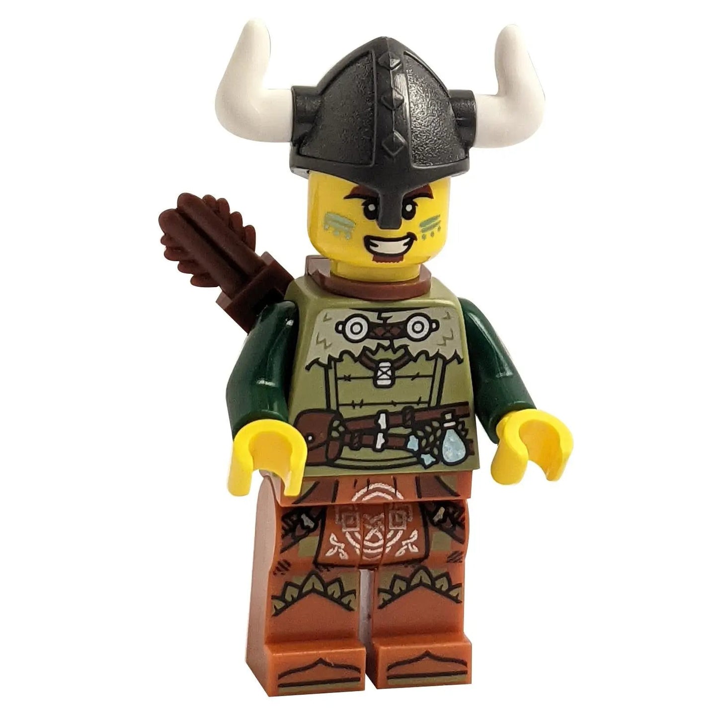 LEGO® Viking Archer minifigure idea168 wearing horned helmet, green tunic with armor details, brown legs with Viking patterns, and quiver with arrows on the back
