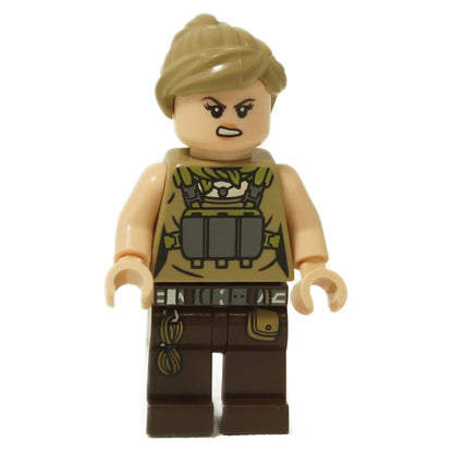 Alternate front view of the LEGO® Jurassic World Zora Bennett minifigure (jw135) showing her angry facial expression and detailed torso printing.
