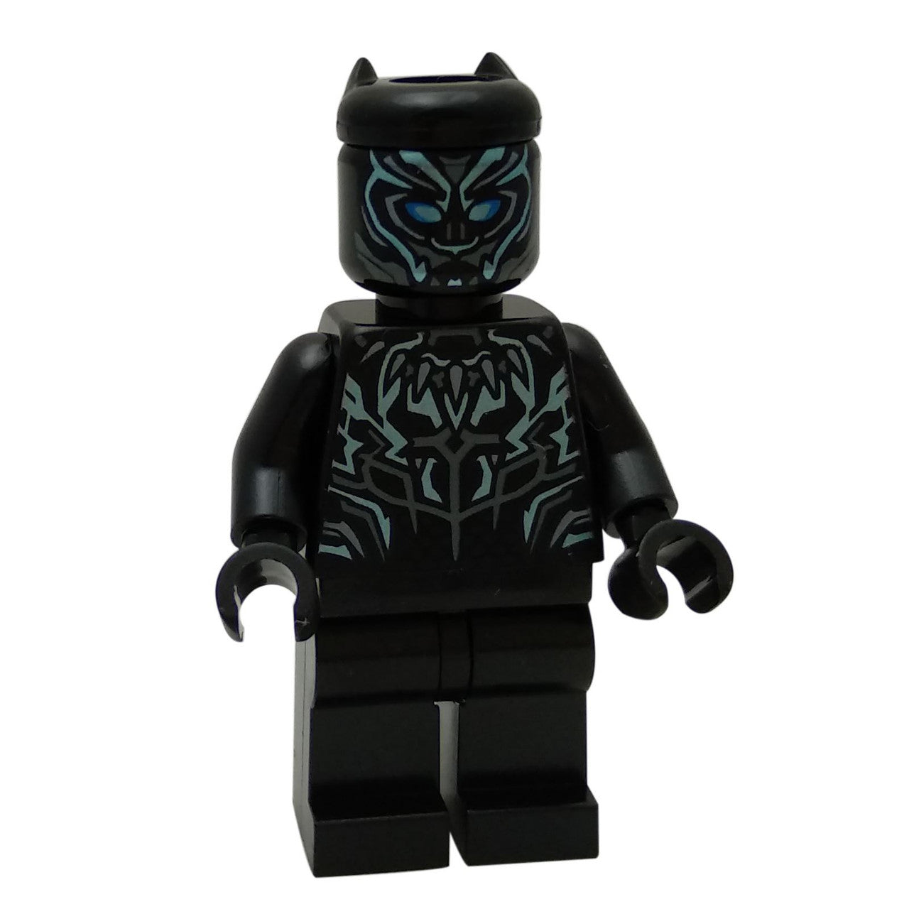 LEGO Black Panther minifigure, front view with metallic blue highlights.