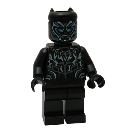 LEGO Black Panther minifigure, front view with metallic blue highlights.