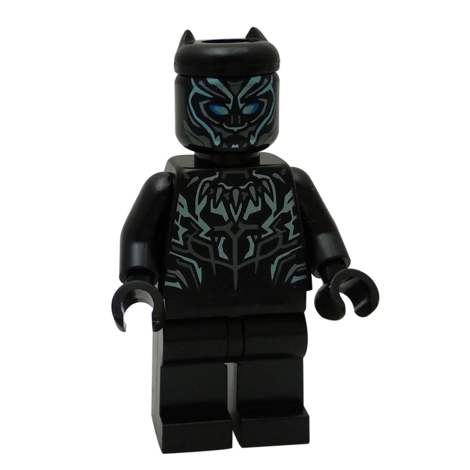LEGO Black Panther minifigure, front view with metallic blue highlights.