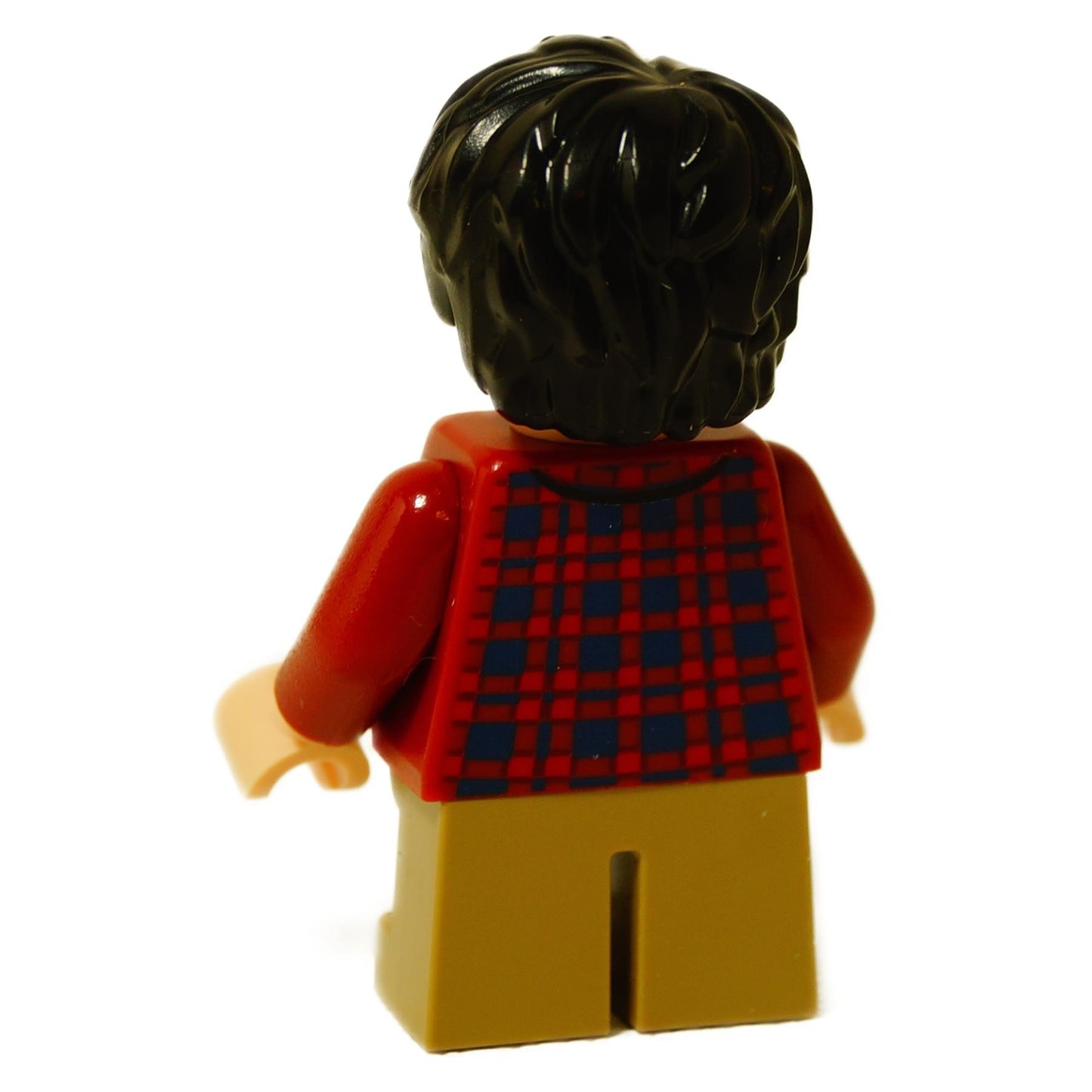 Back view of LEGO Harry Potter minifigure showing his red and blue flannel shirt printing.