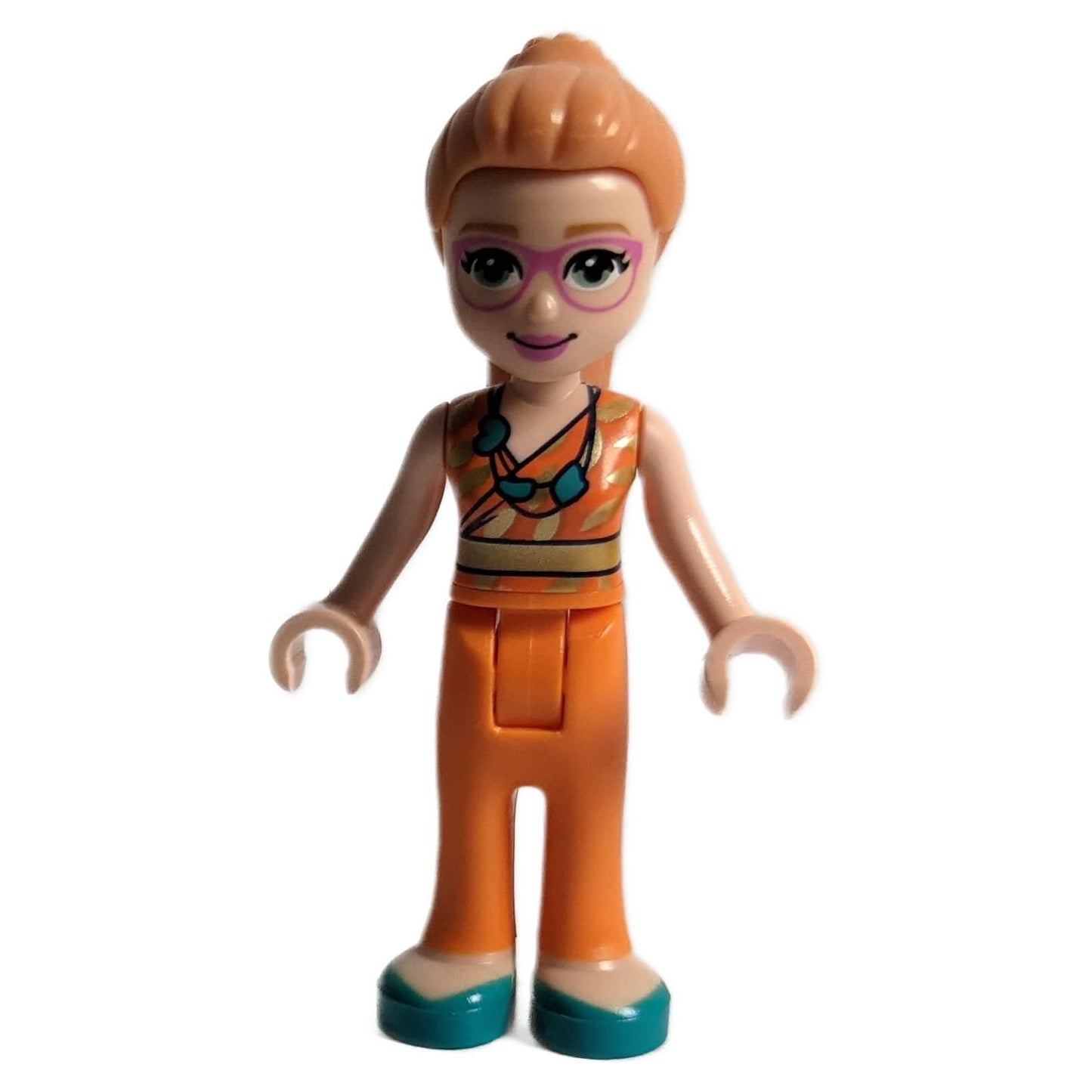 Front view of LEGO Friends Prof. Béatrice mini-doll (frnd533) in orange jumpsuit with pink glasses and ponytail.