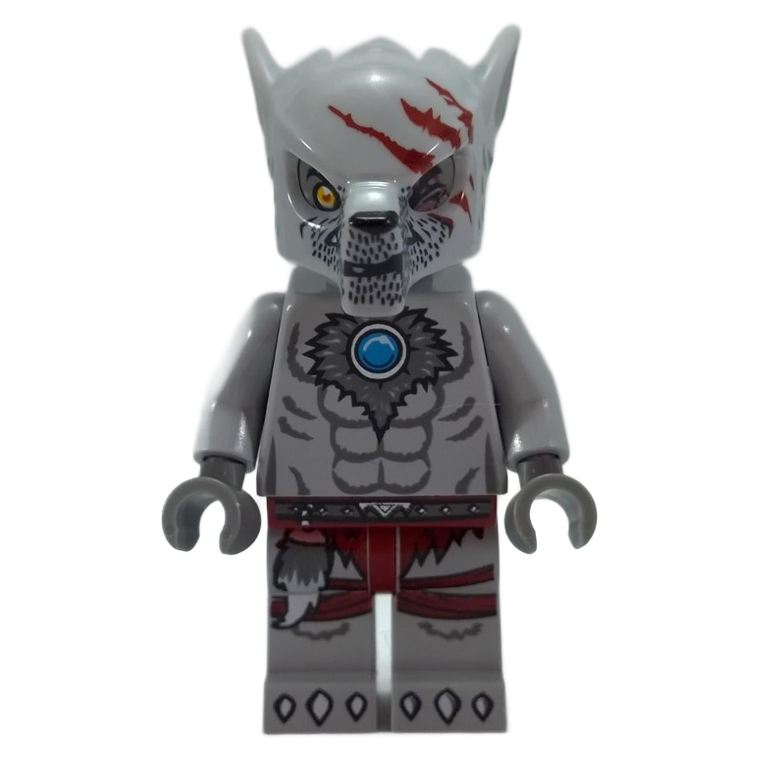 Front view of LEGO Legends of Chima Worriz minifigure (loc009) as a white wolf warrior with red claw marks and blue CHI orb.