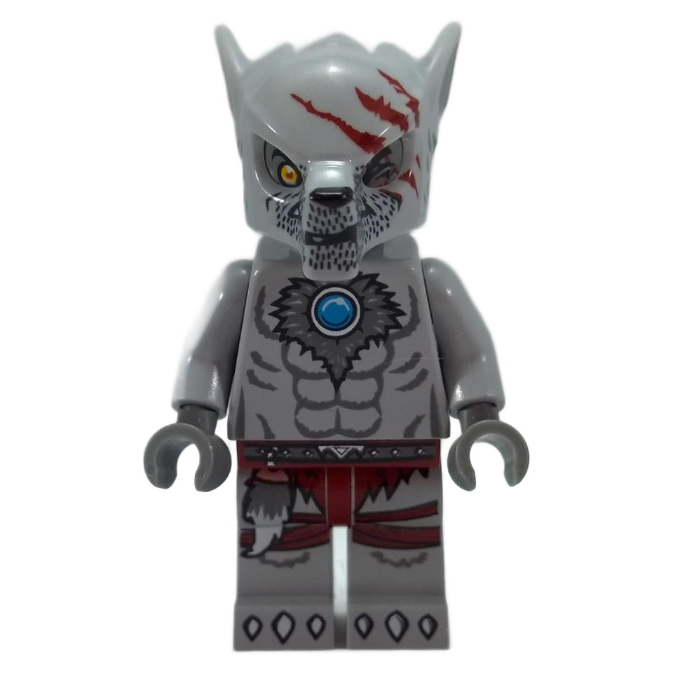 Front view of LEGO Legends of Chima Worriz minifigure (loc009) as a white wolf warrior with red claw marks and blue CHI orb.
