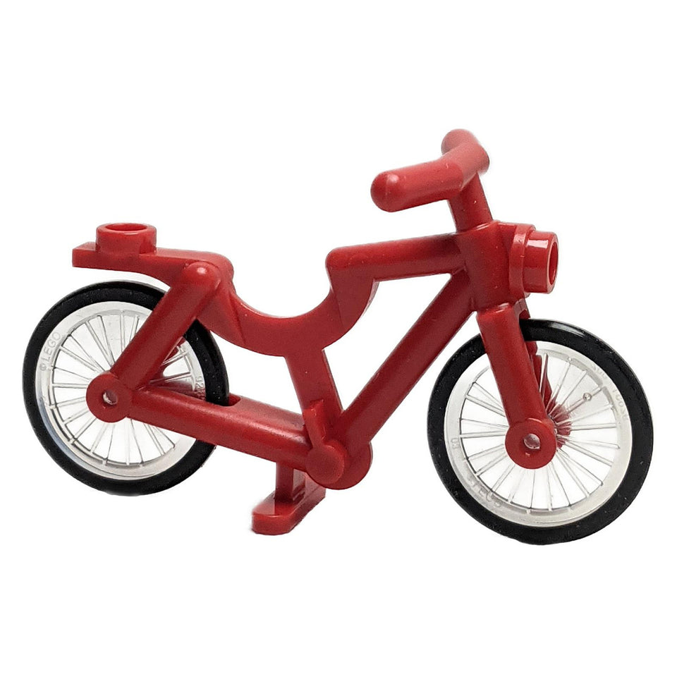 Red LEGO bicycle with 2-piece wheels, side view profile.