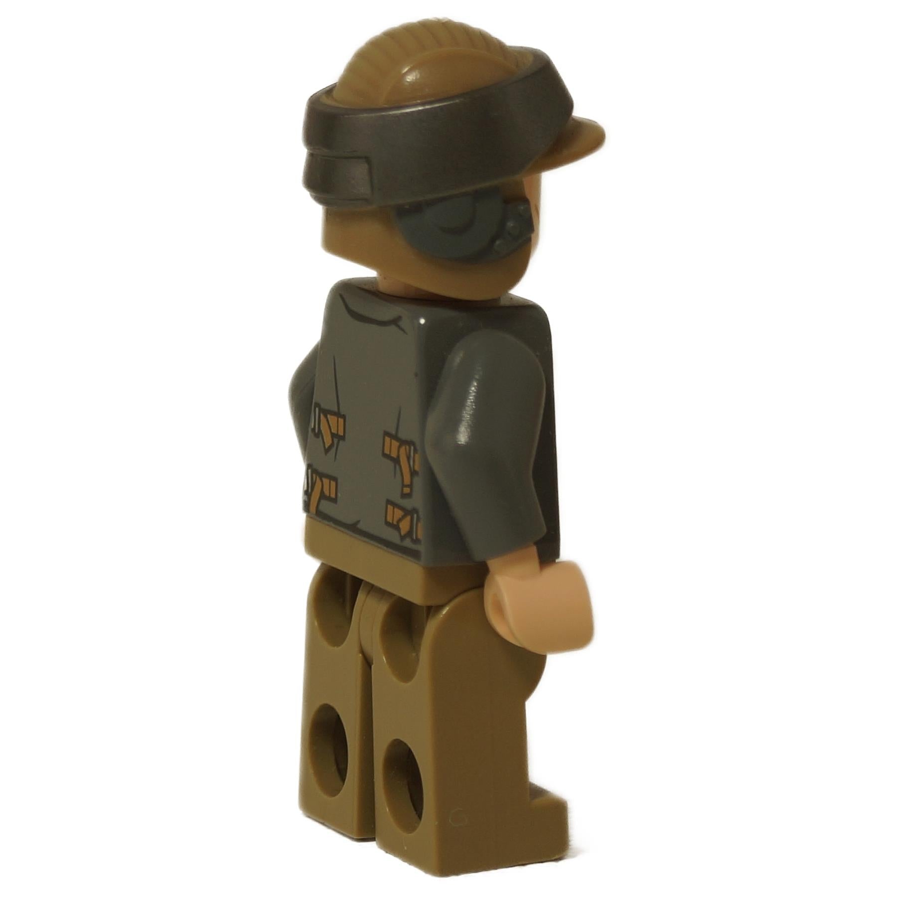 Front view of the LEGO® Star Wars Rebel Trooper minifigure, Private Basteren, wearing his dark gray tactical vest, dark tan pants, and iconic Rebel fleet trooper helmet. Side view.