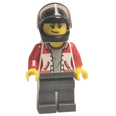 LEGO ATV Driver female minifigure, front view, black helmet and red jacket.