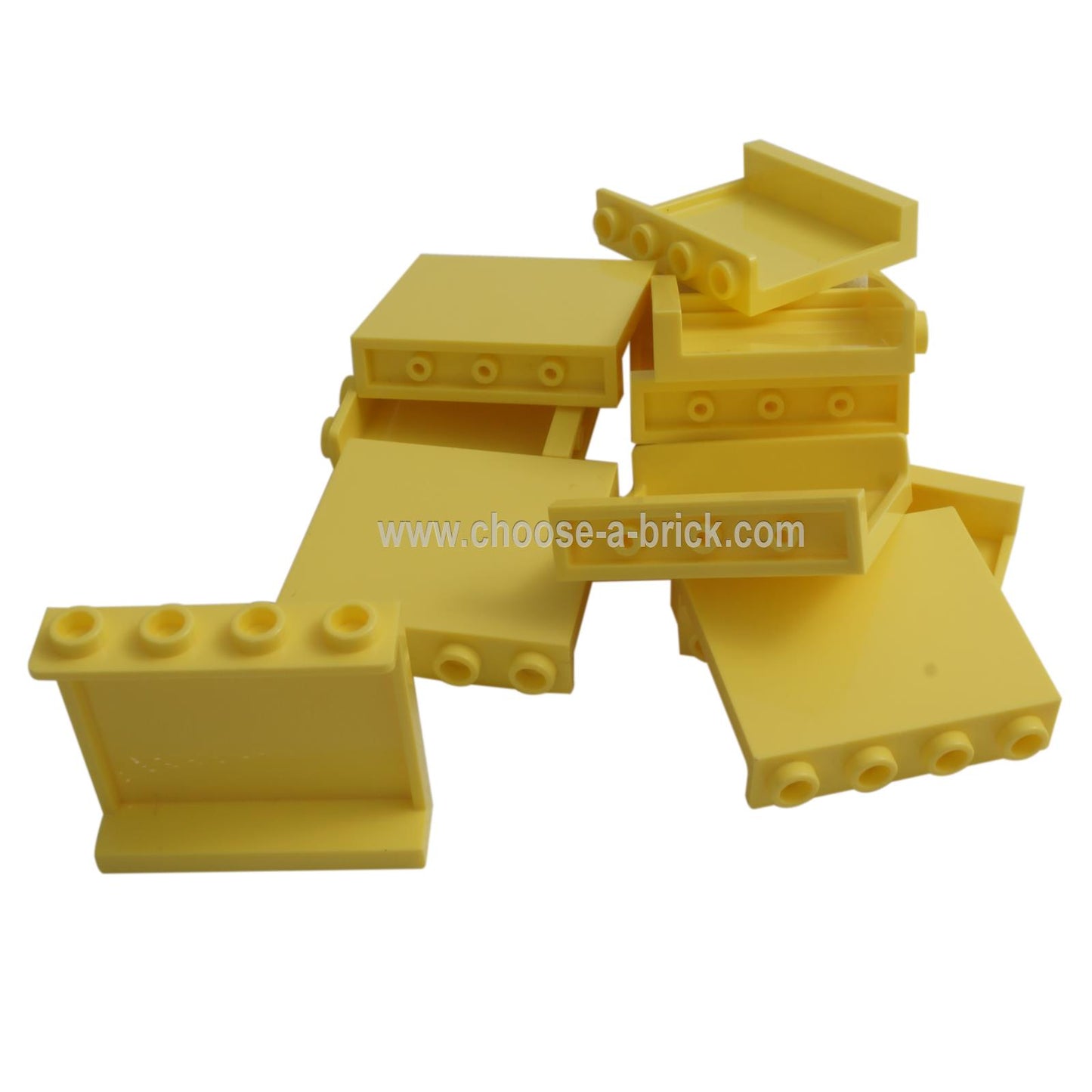 LEGO® Panel 1 x 4 x 3 with Side Supports – Hollow Studs (60581) in bright light yellow. Perfect for architectural builds and desert-themed models, offering stability and smooth wall finishes.