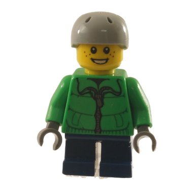 LEGO minifigurka chlapce, zelená bunda, šedá helma, čelní pohled
