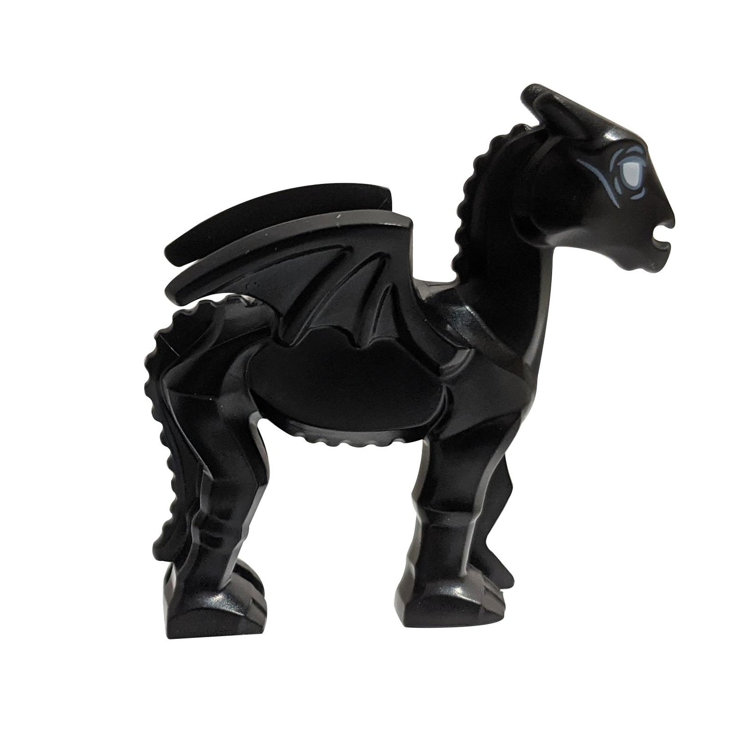 LEGO® Thestral – black skeletal winged horse with white eyes, side view.