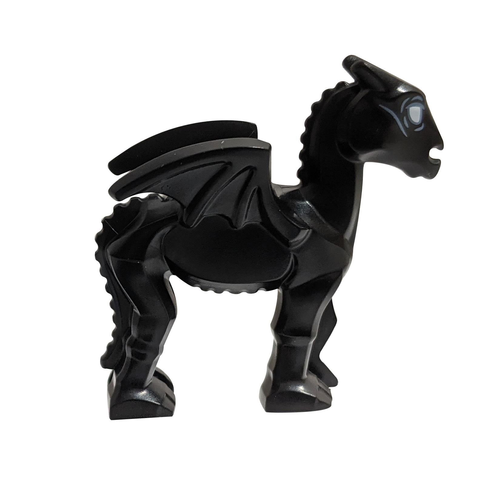 LEGO® Thestral – black skeletal winged horse with white eyes, side view.