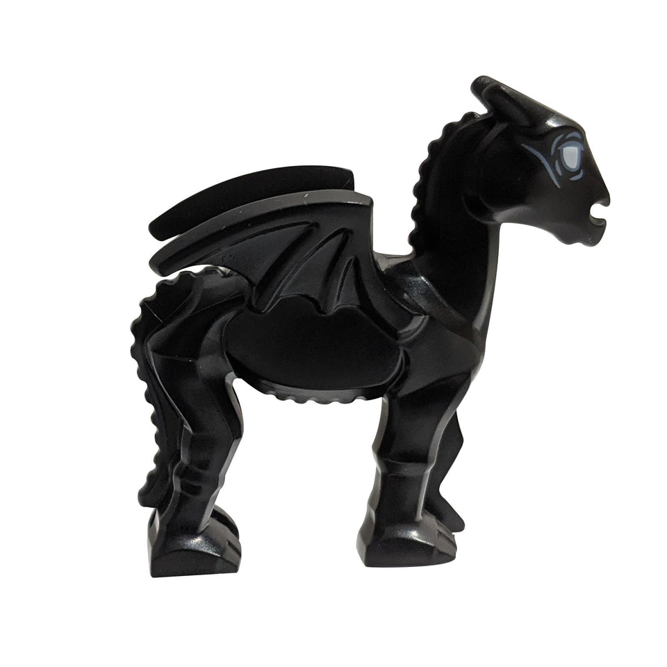 LEGO® Thestral – black skeletal winged horse with white eyes, side view.