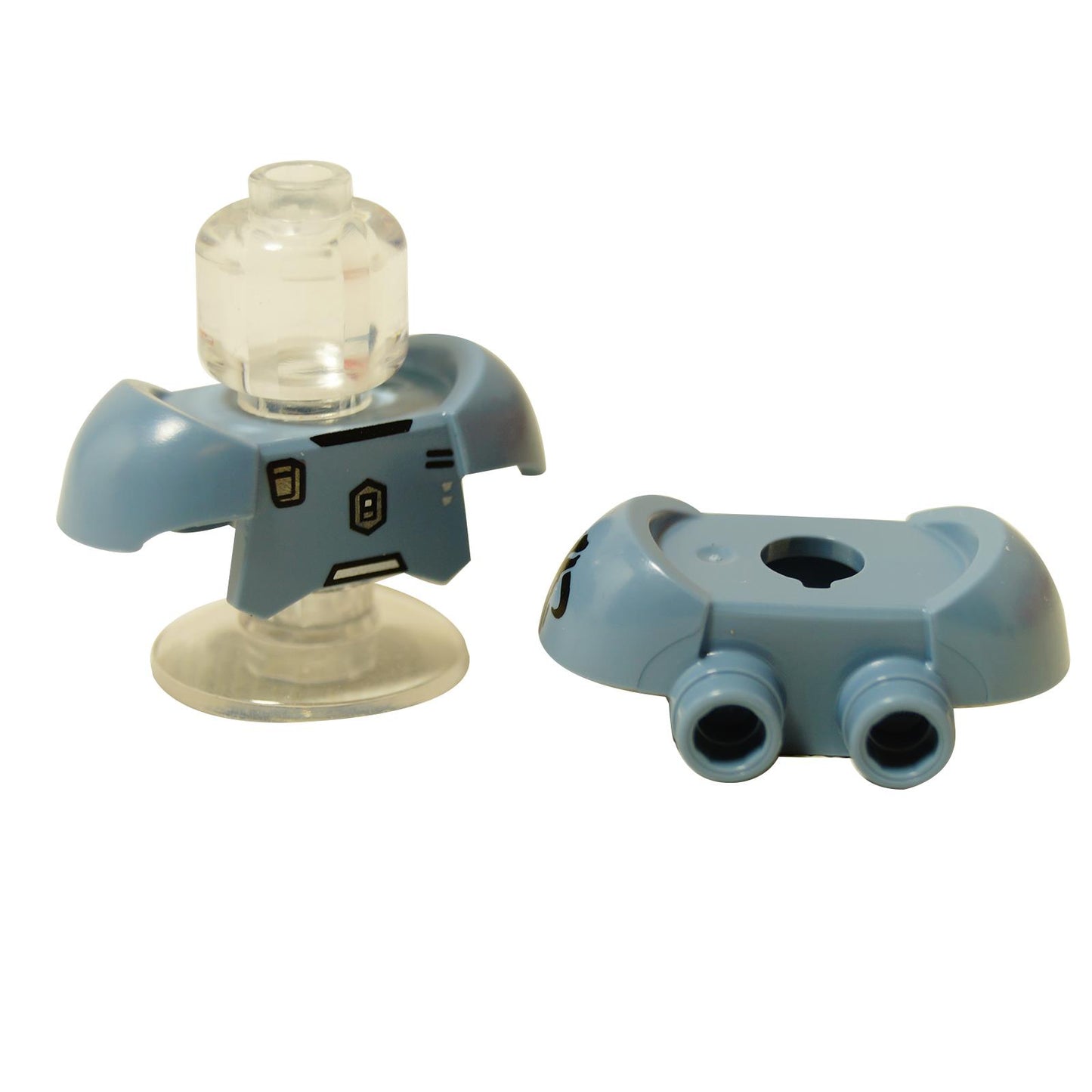 Front view of light blue LEGO Mandalorian shoulder armor piece (78643pb03) shown assembled on a clear minifigure head.