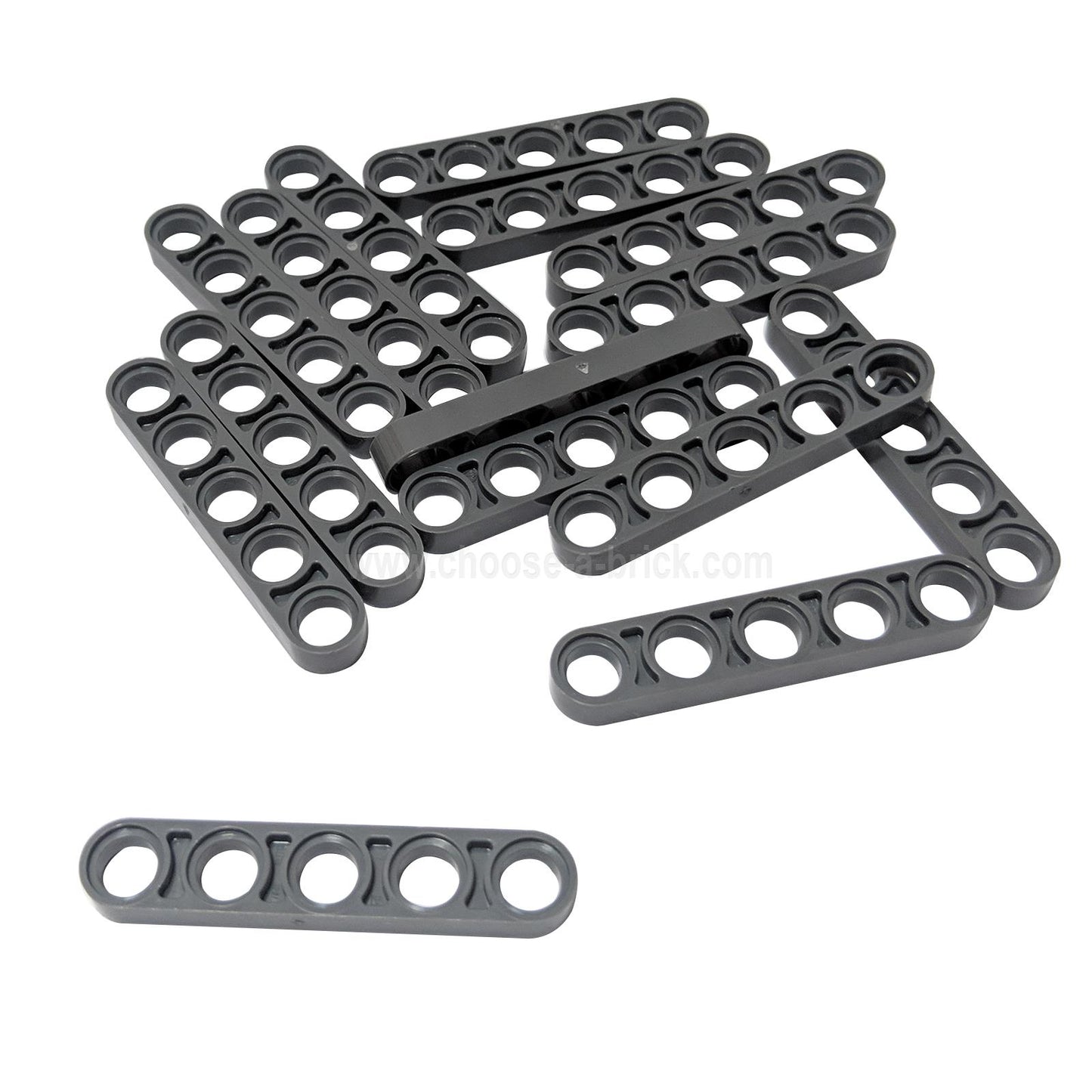 Pile of black LEGO Technic Liftarm 1x5 Thin pieces (32017) showing multiple circular connection holes.