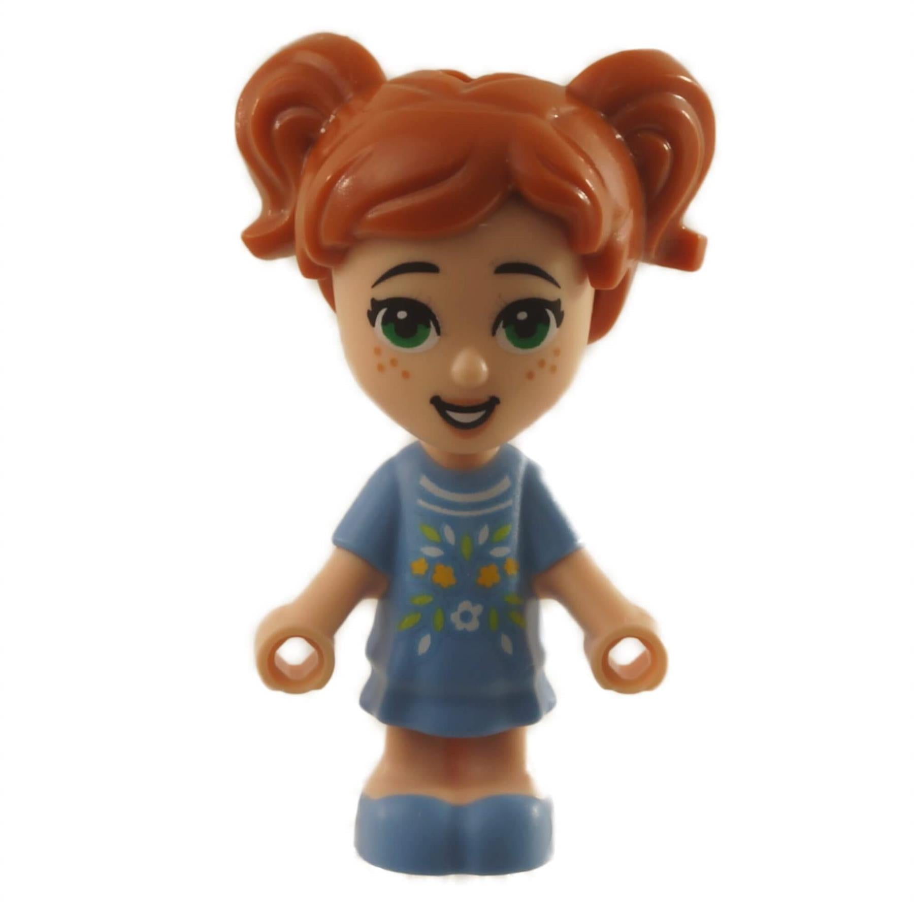 LEGO Minifigura FRND411 (Usato - Buono) dal Set 41444 con codini rossi, occhi verdi e vestito blu.