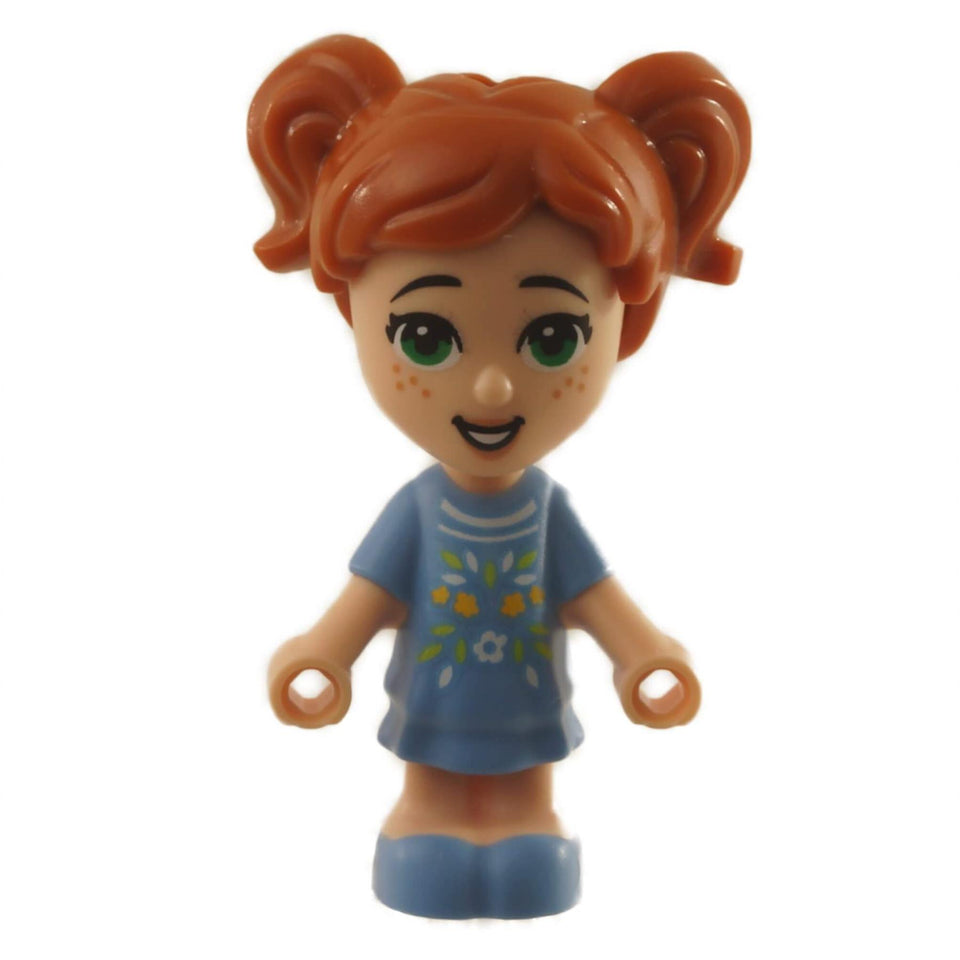 LEGO Minifigura FRND411 (Usado - Bueno) del Set 41444 con coletas rojas, ojos verdes y vestido azul.
