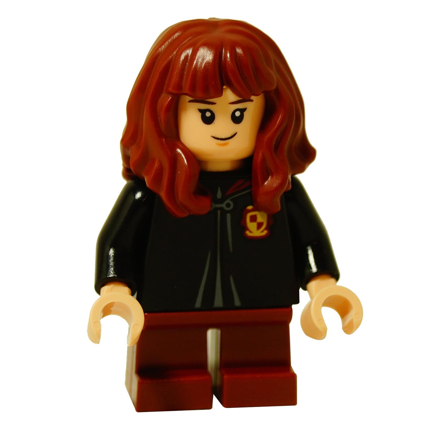 LEGO Harry Potter Hermione Granger minifigure (hp253) in her Gryffindor robe, showing  smilling  facial expressions.