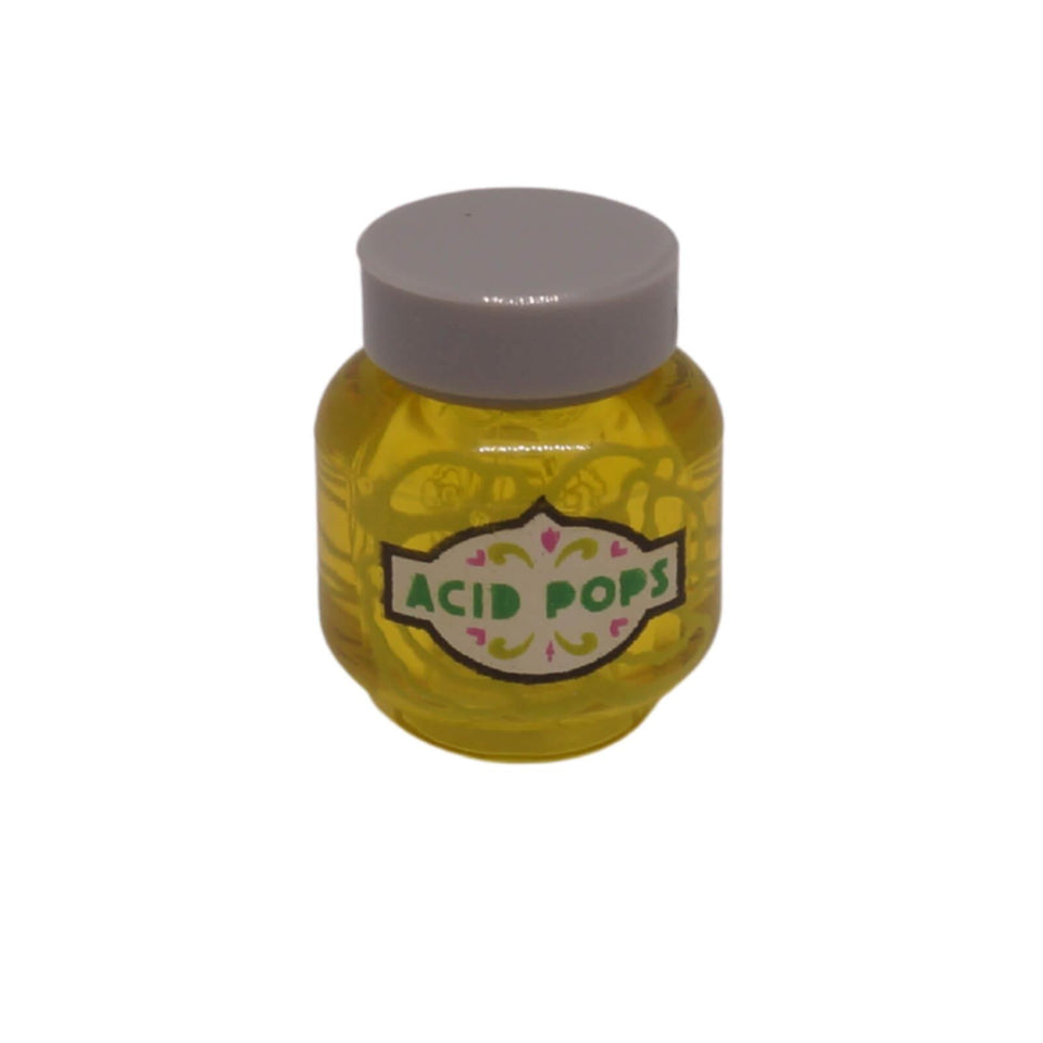 LEGO Acid Pops food jar assembly with printed candy label and lid