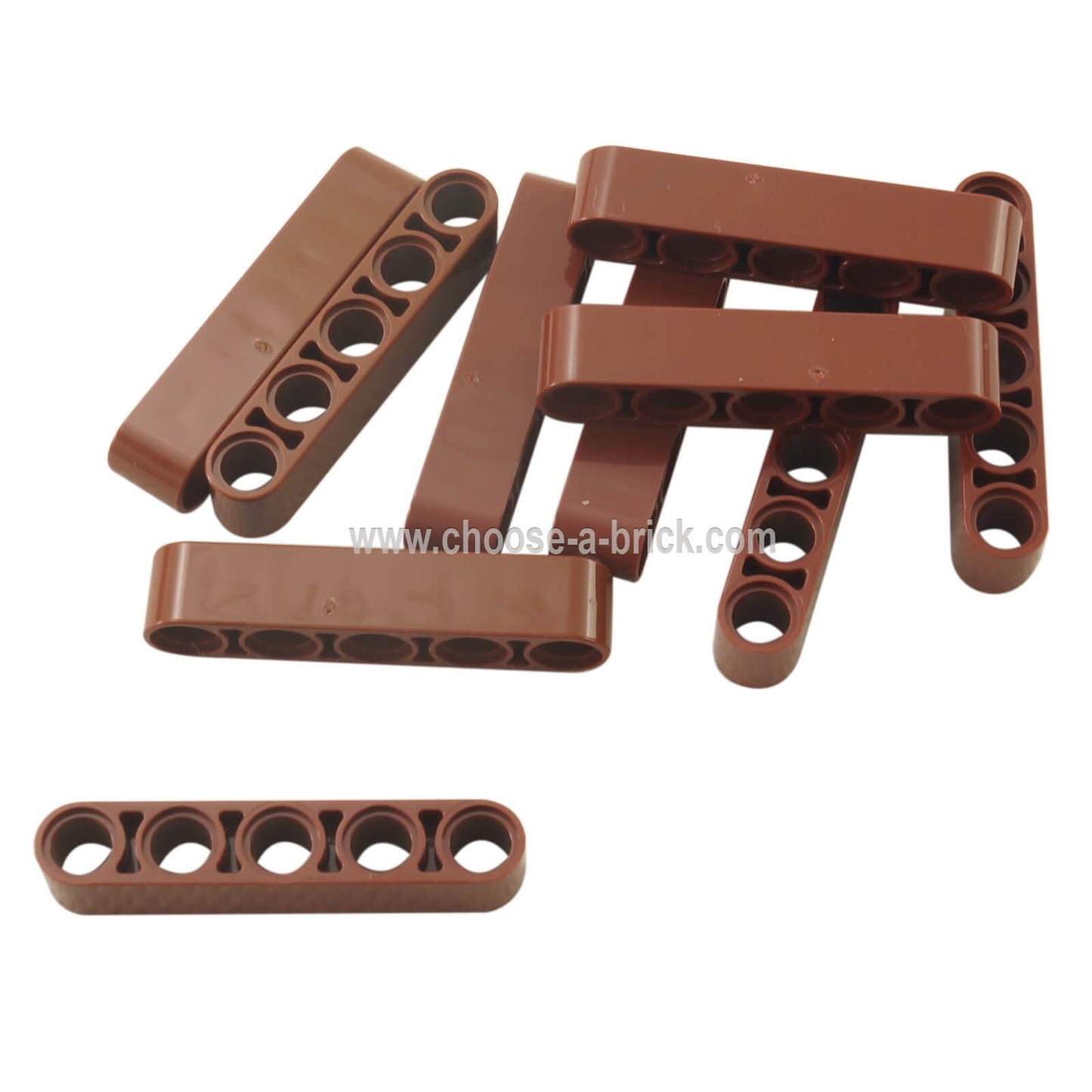 Piezas de LEGO Technic 1x5 Thick Liftarm (32316) dispuestas de manera suelta en rojo.