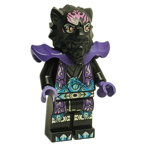 Lord Ras njo0862 minifigure with black tiger head and purple armor.