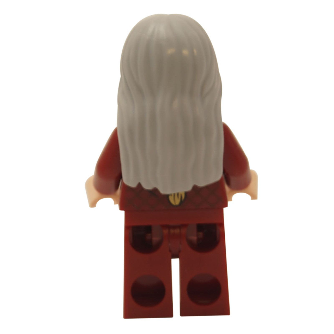 LEGO Albus Dumbledore, long grey hair, dark red robes, back view