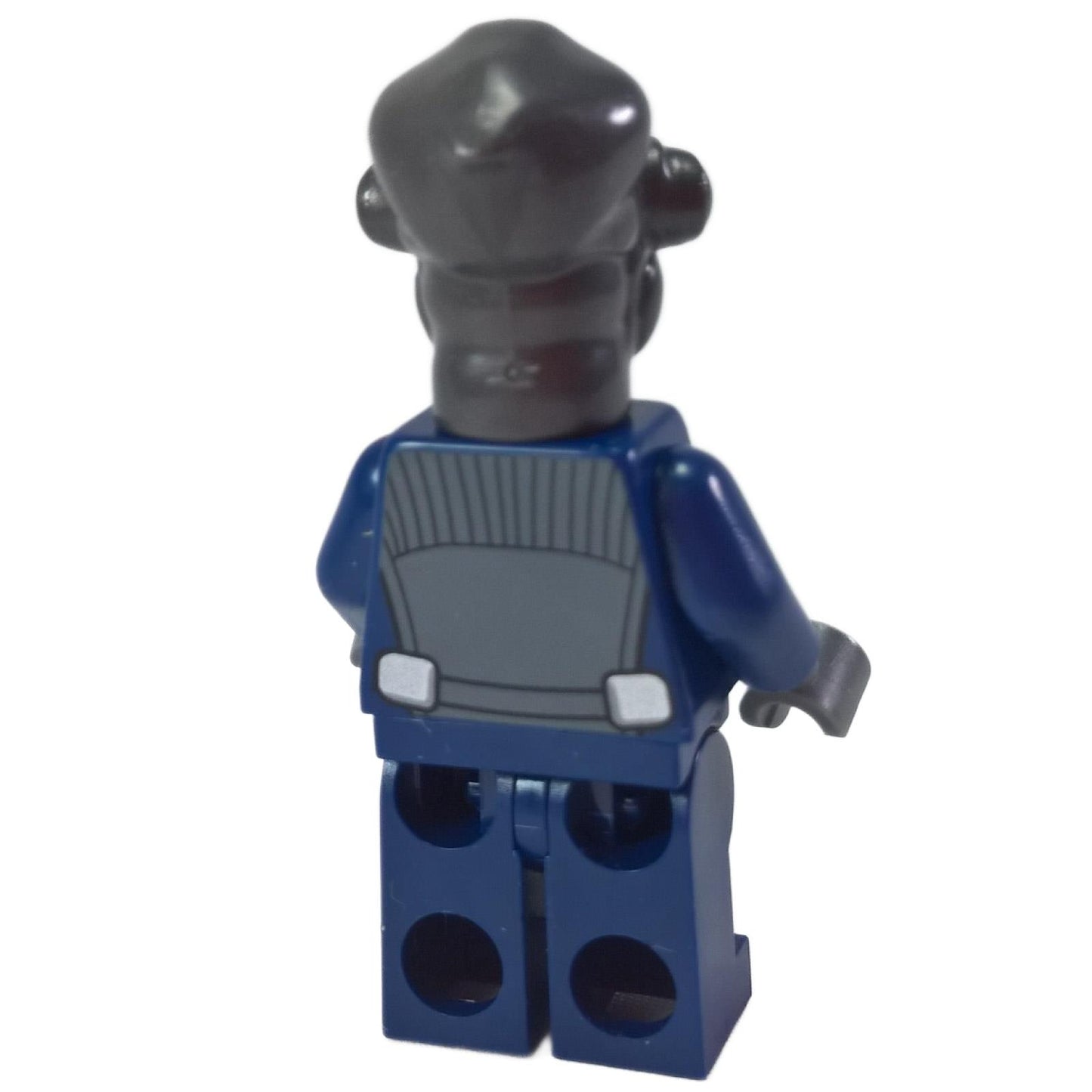 Back view of LEGO Admiral Raddus minifigure showing grey back harness printing on the blue torso.