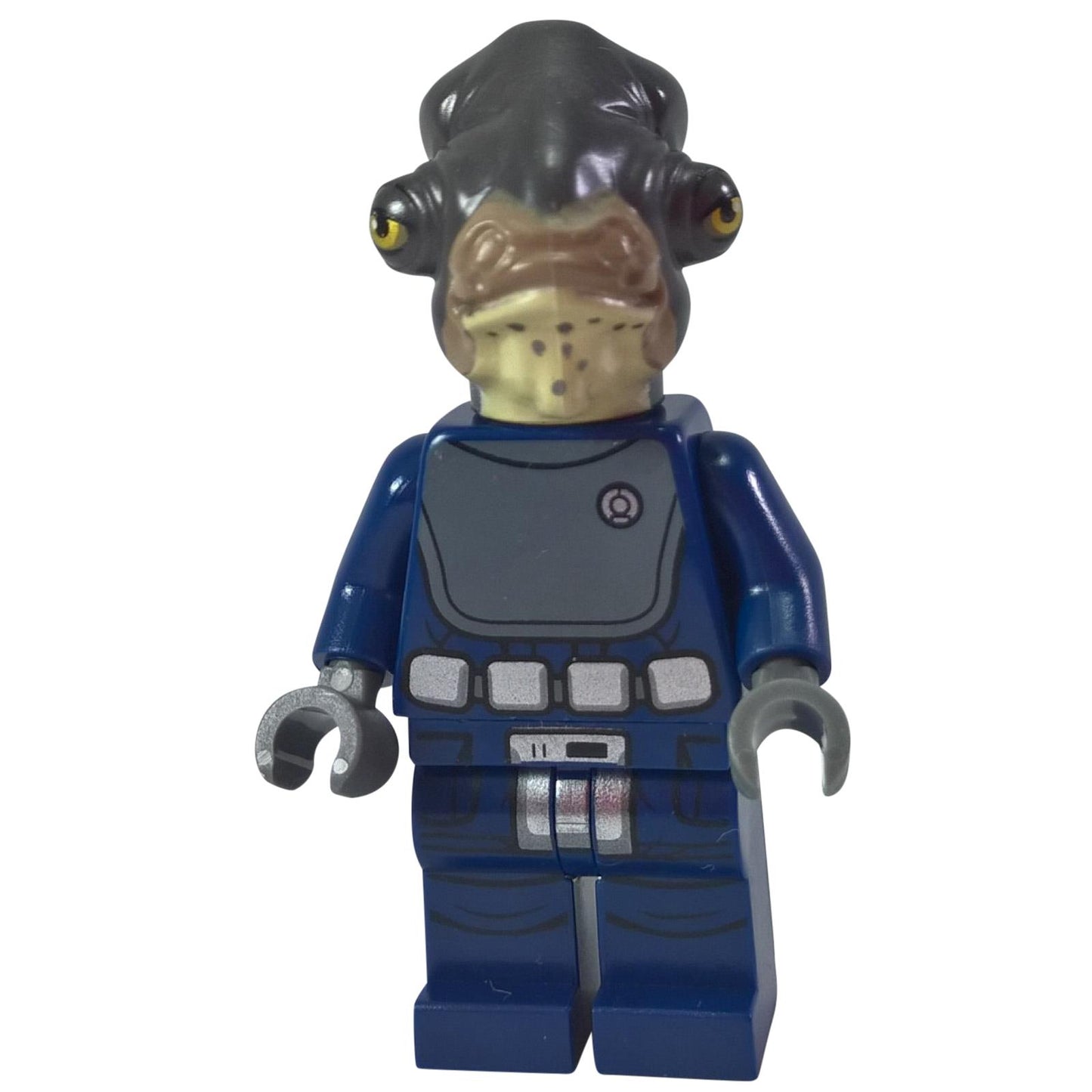 Front view of LEGO Admiral Raddus minifigure (sw0816), featuring a grey alien head and blue uniform.